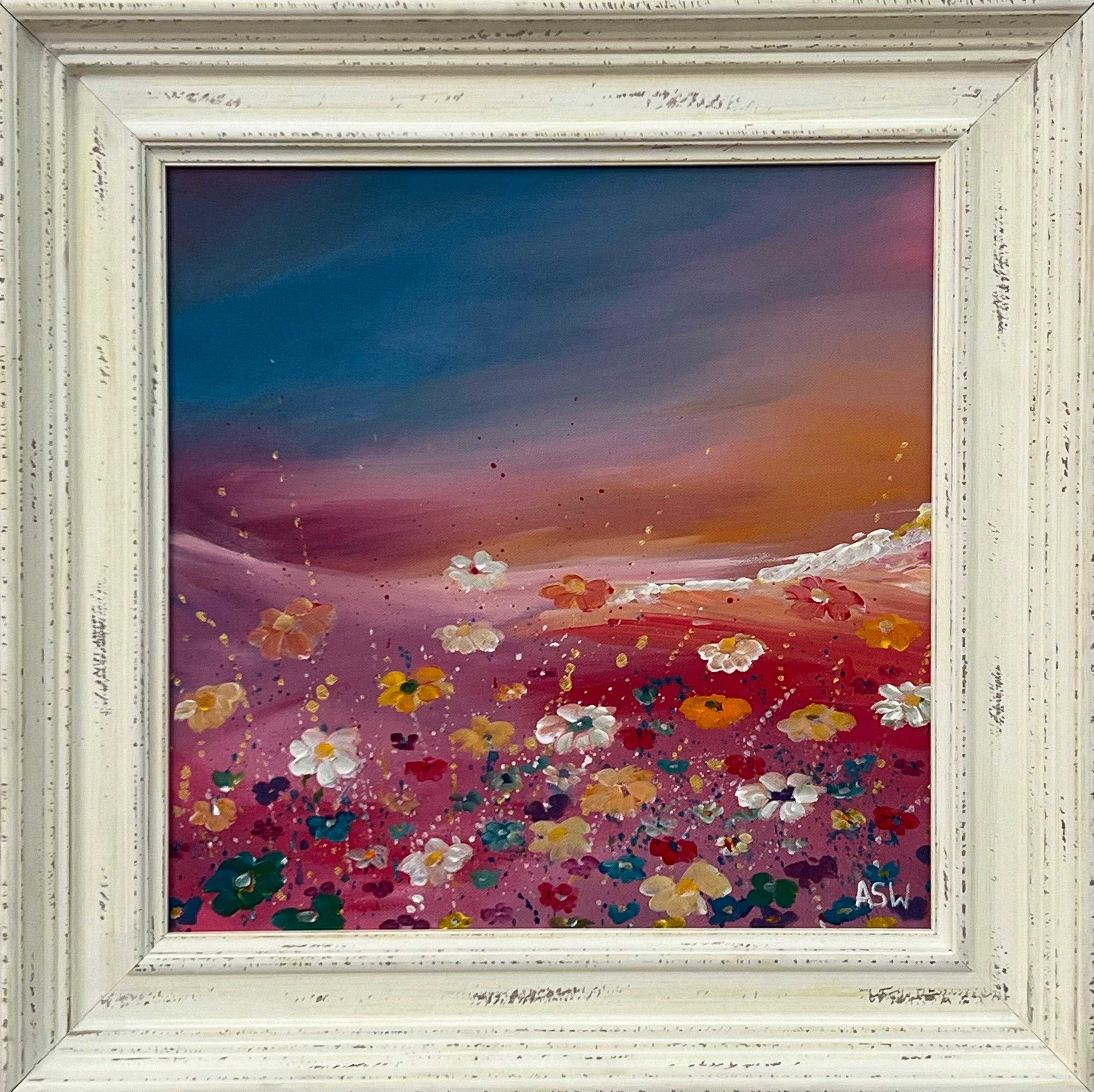 Landscape Painting Angela Wakefield - Fleurs sauvages multicolores sur fond rose turquoise par un artiste contemporain