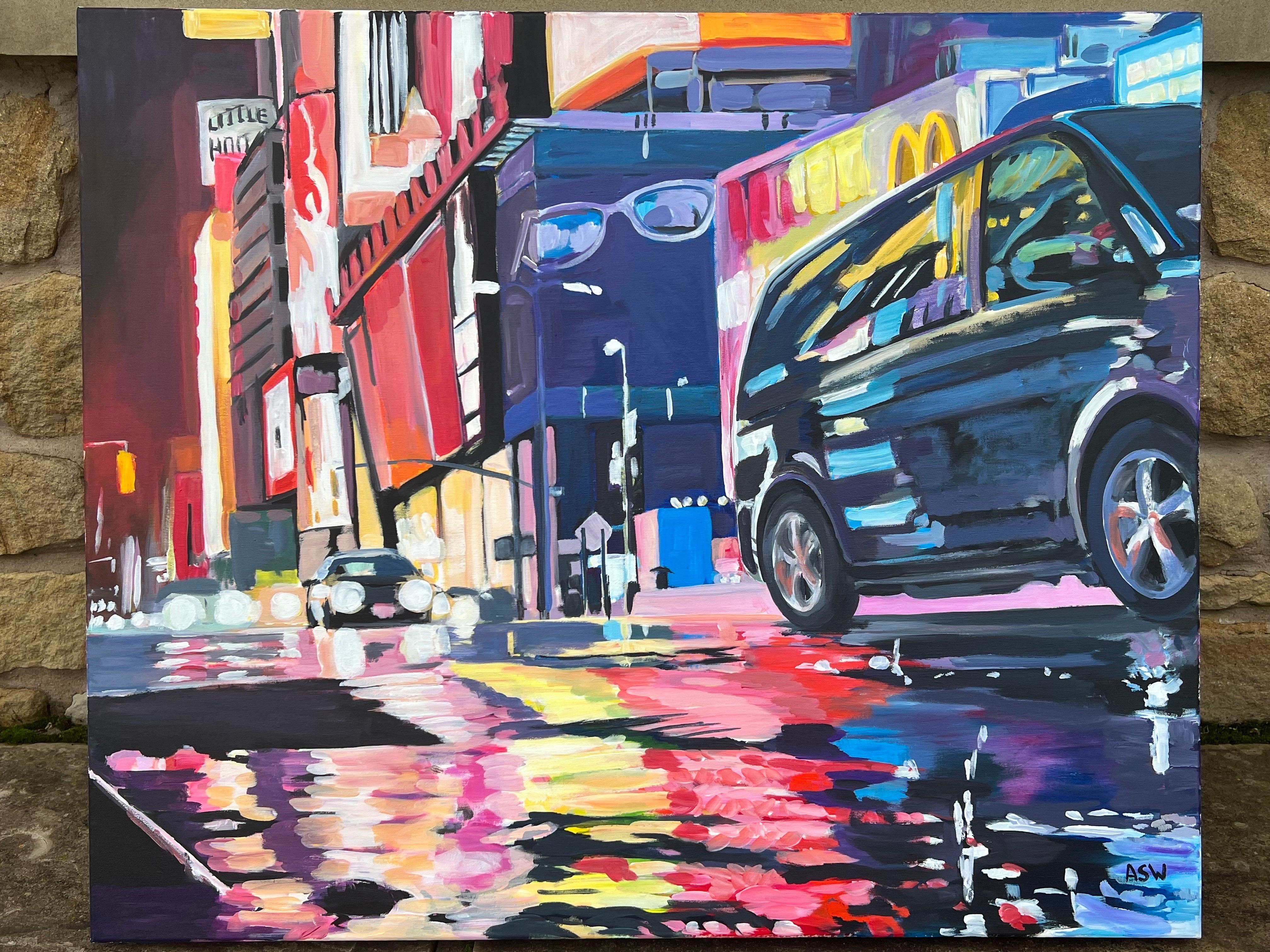 Neon Reflections in the New York City Rain by Contemporary British Urban Artist - Painting by Angela Wakefield