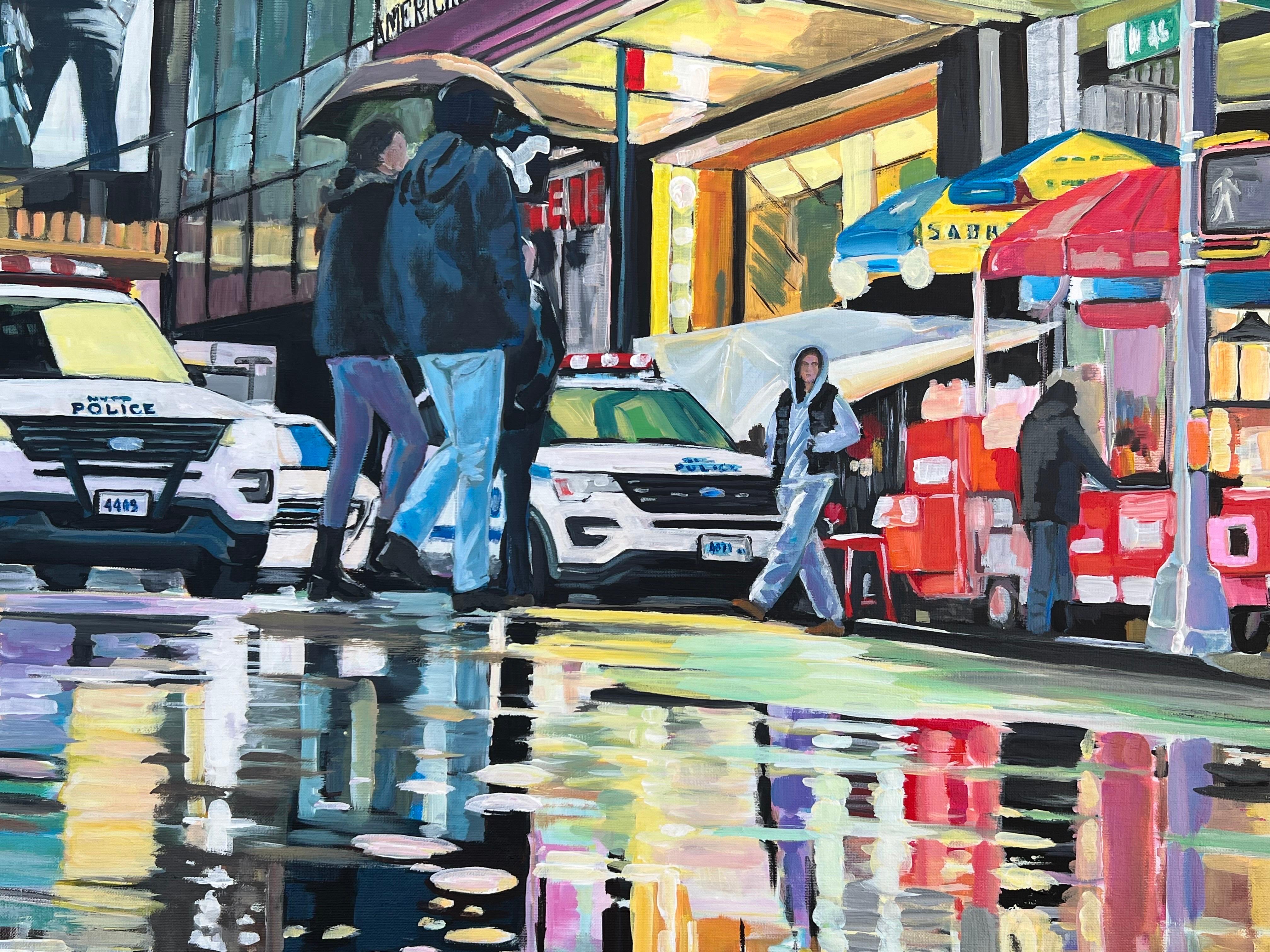 Neon Reflections in the New York City Rain, par l'artiste urbaine britannique contemporaine Angela Wakefield. Il s'agit d'une œuvre majeure qui s'inscrit dans la continuité de sa série épique sur New York, qui s'étend maintenant sur plus d'une