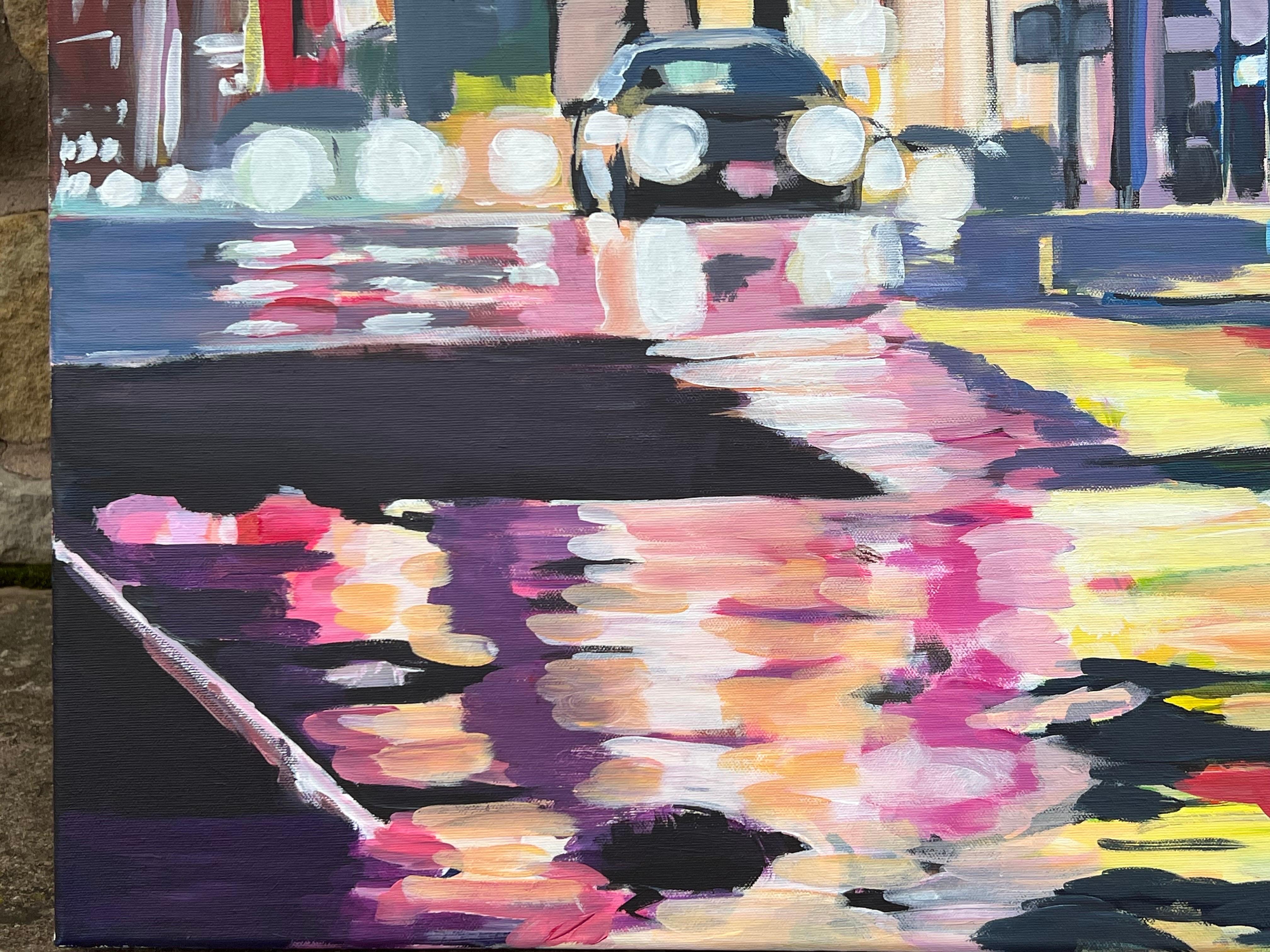 Peinture originale de reflets de néon sous la pluie de New York, réalisée par l'artiste urbaine britannique contemporaine Angela Wakefield. Il s'agit d'une œuvre majeure qui s'inscrit dans la continuité de sa série épique sur New York, qui s'étend