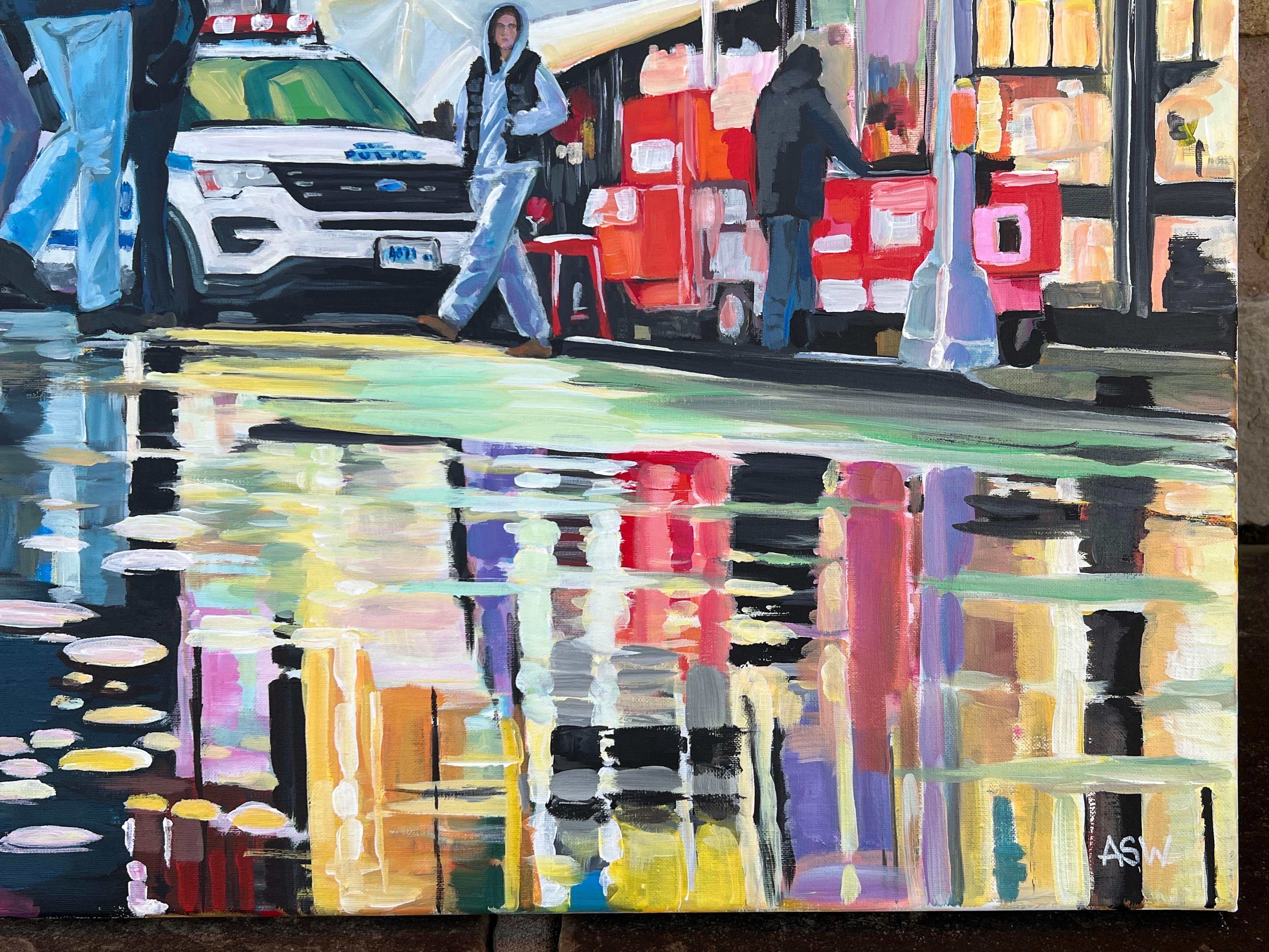Neon Reflections in the New York City Rain by Contemporary British Urban Artist For Sale 5