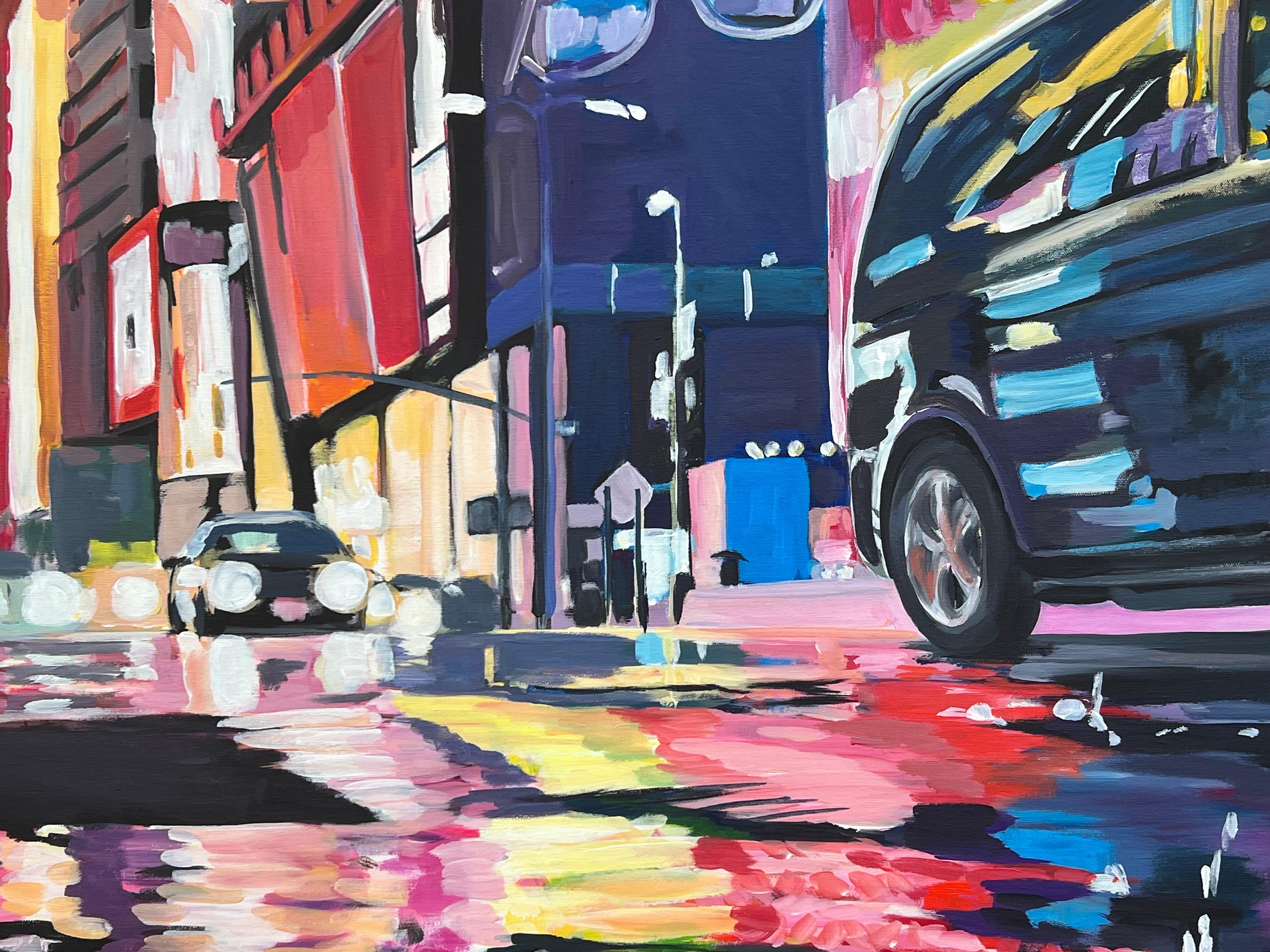 Neon Reflections in the New York City Rain by Contemporary British Urban Artist For Sale 2