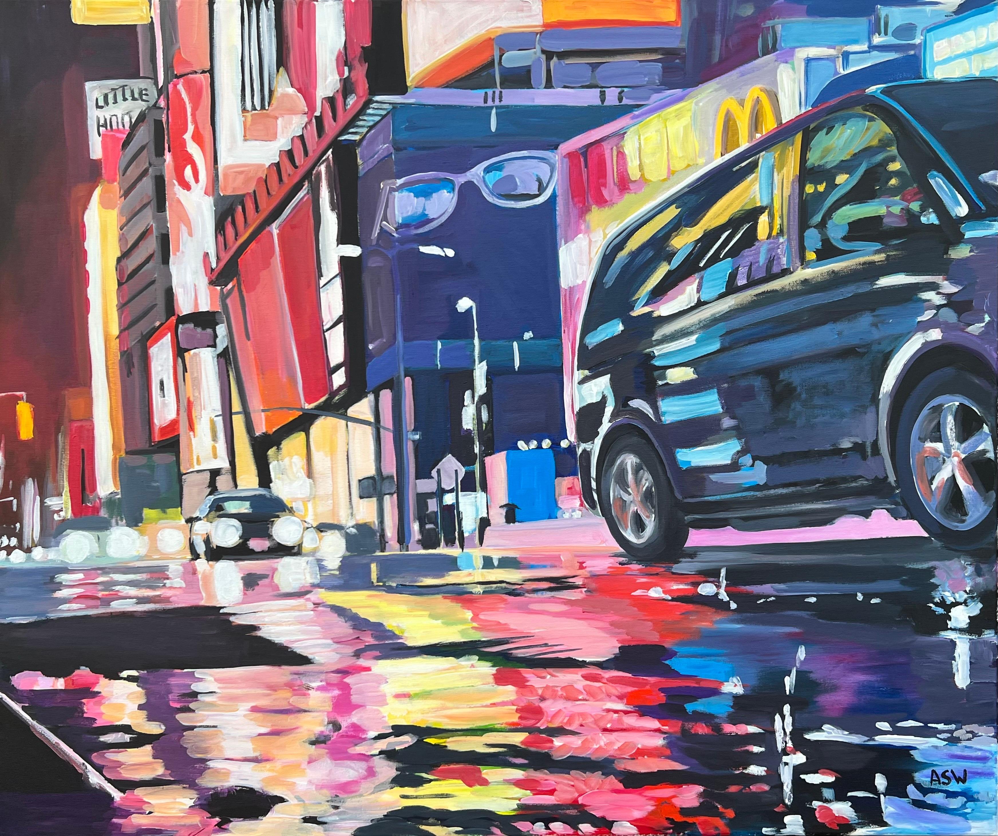 Neon Reflections in the New York City Rain by Contemporary British Urban Artist