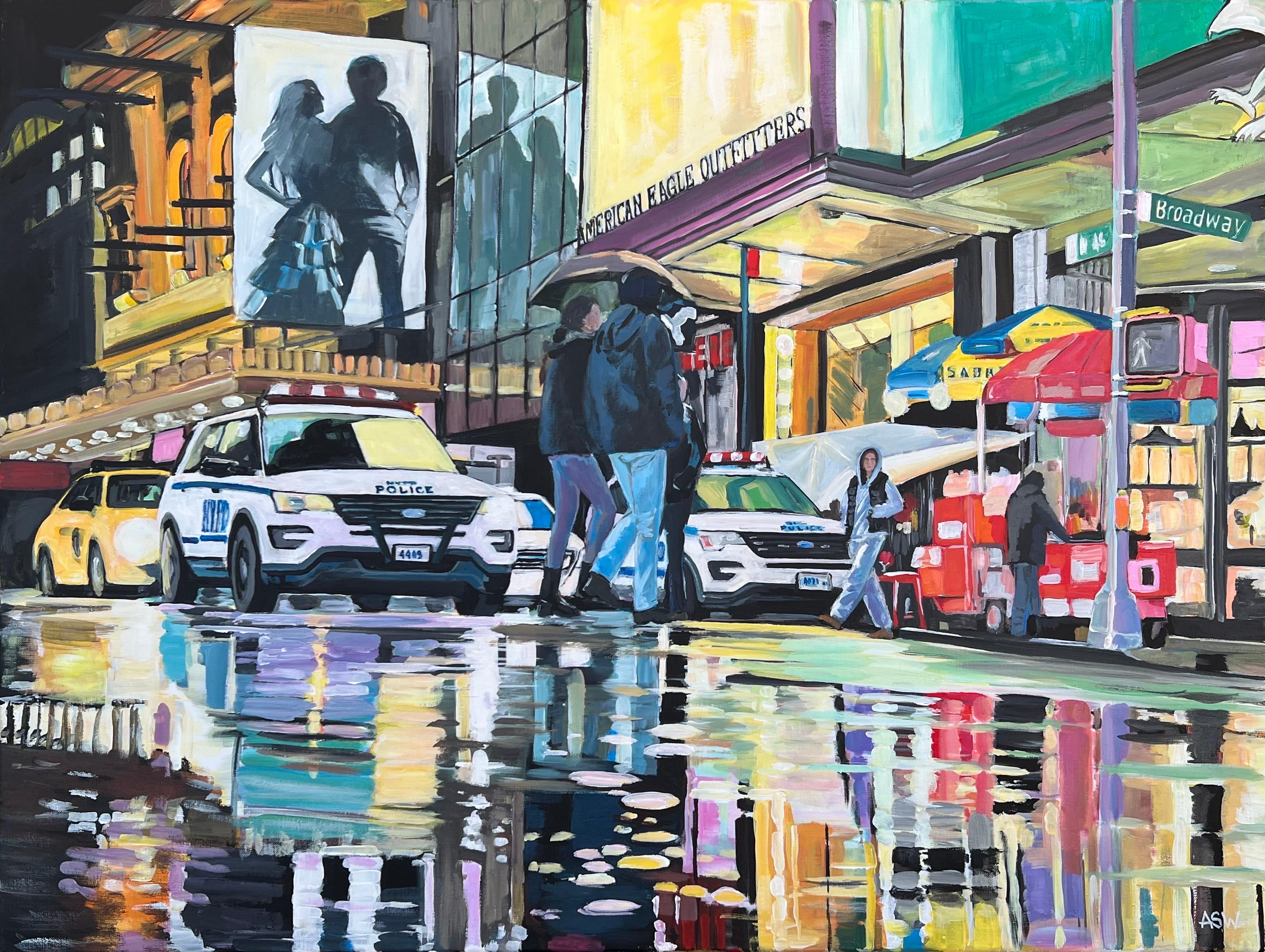 Neon Reflections in the New York City Rain, by Contemporary British Urban Artist, Angela Wakefield. This is a major work to continue her epic New York Series which now spans over a decade. 

Art measures 40 x 30 inches 

Wakefield's work is a unique
