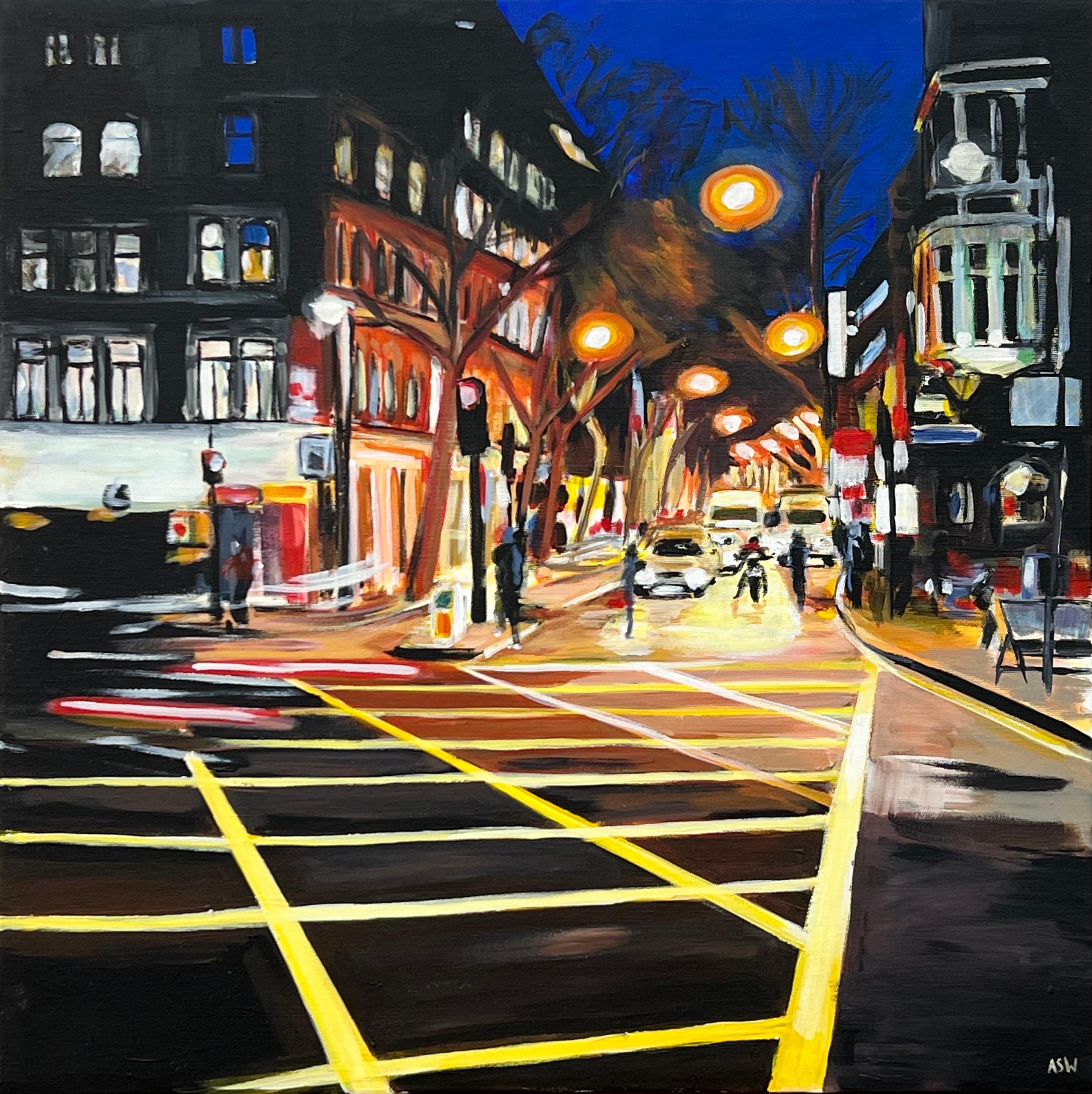 New Cross London City Street Scene at Night by Contemporary Urban Landscape Artist, Angela Wakefield

Art measures 24 x 24 inches (unframed) 
High quality Italian box canvas 

Angela Wakefield has produced numerous paintings of London over the last