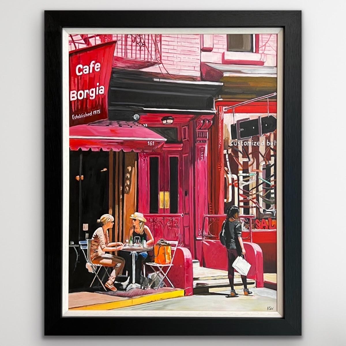 New York City Cafe Borgia with Female Figures by Contemporary British Artist - Painting by Angela Wakefield