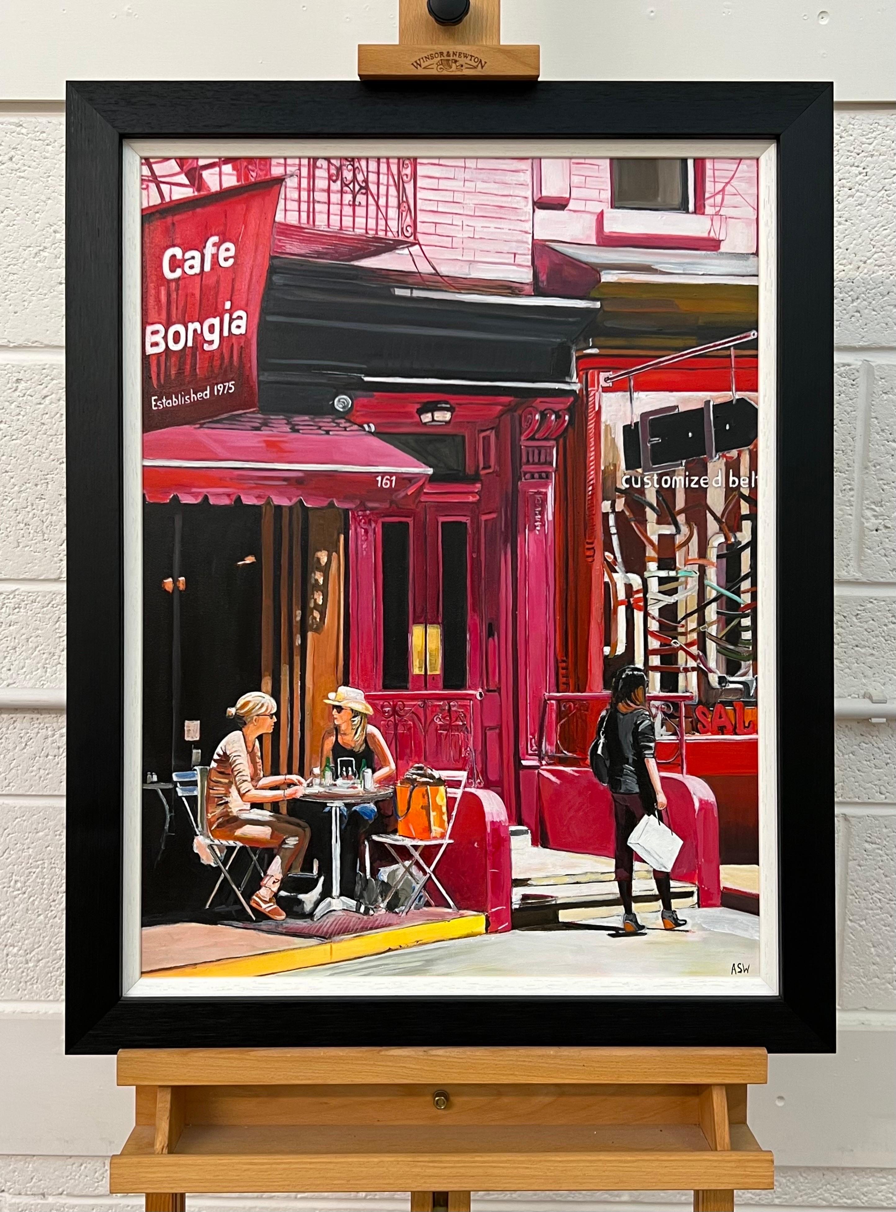 Cafe Borgia in New York City mit weiblichen Figuren der zeitgenössischen britischen Künstlerin (Schwarz), Figurative Painting, von Angela Wakefield