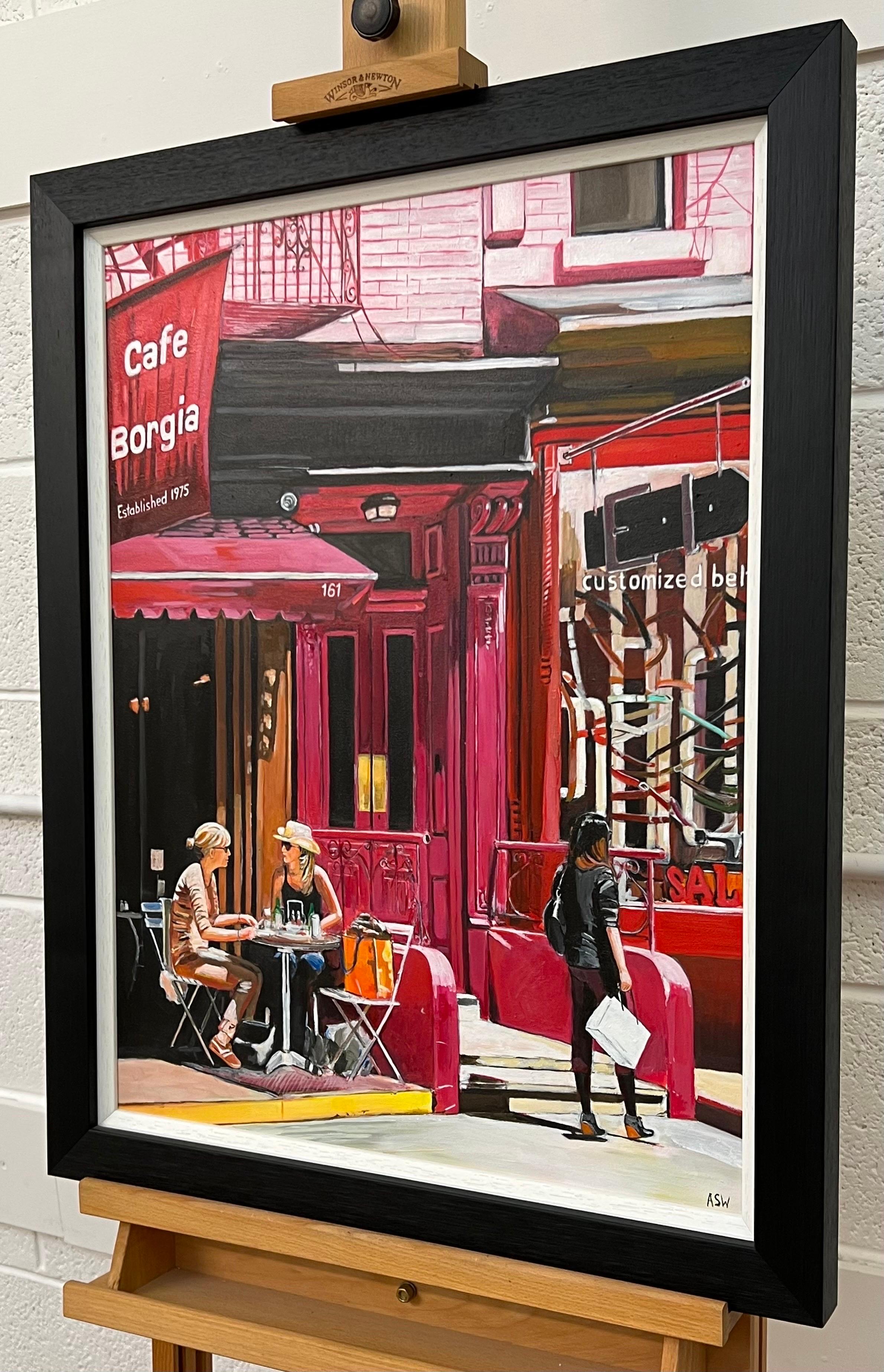 New York City Cafe Borgia mit weiblichen Figuren der zeitgenössischen britischen Künstlerin Angela Wakefield. Dies ist ein wichtiges Werk aus ihrer New Yorker Serie.

Kunst misst 18 x 24 Zoll 
Rahmen misst 23 x 29 Zoll 

Wakefields Werk ist eine