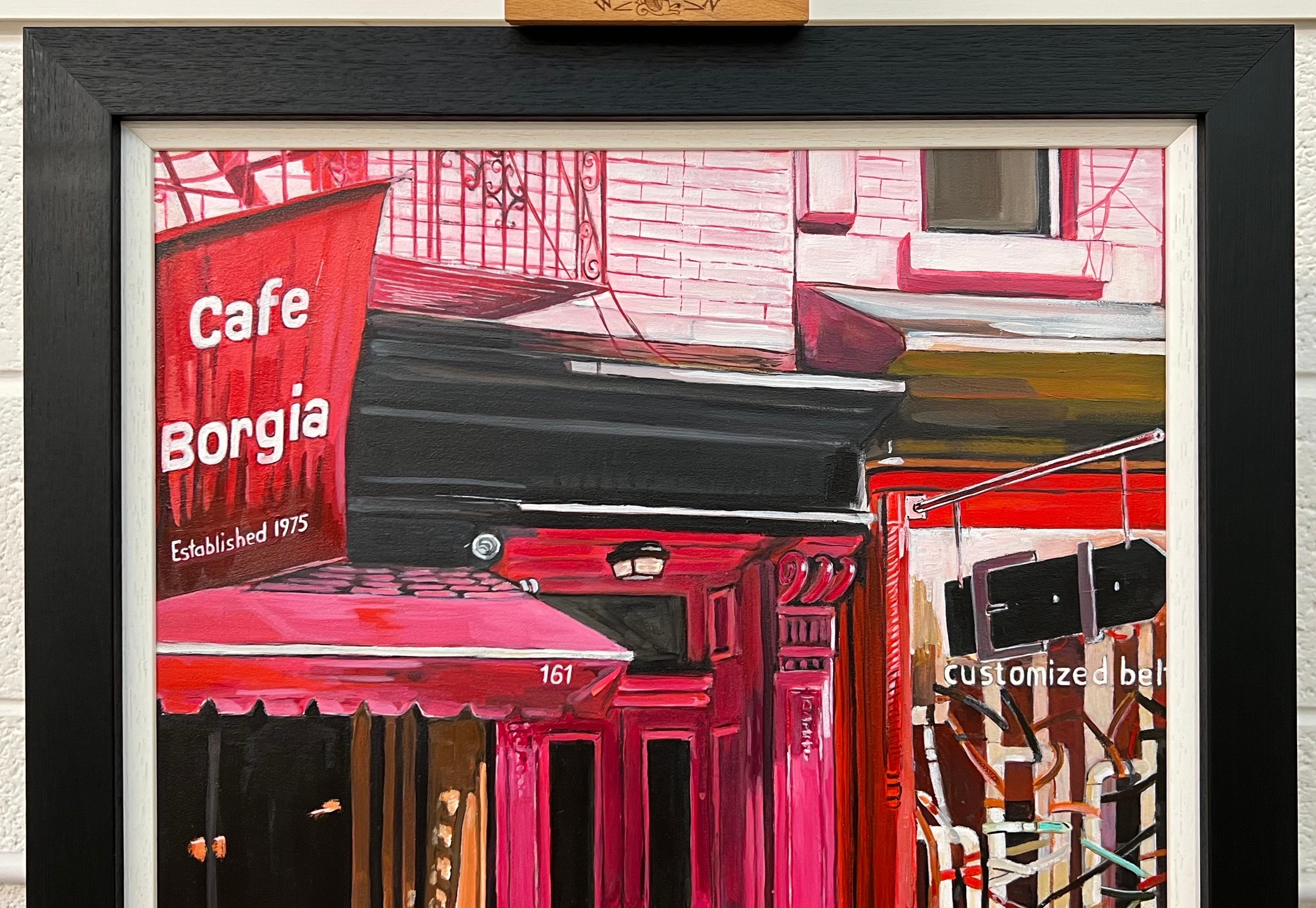 New York City Cafe Borgia with Female Figures by Contemporary British Artist Angela Wakefield. This is a major work from her New York Series.

Art measures 18 x 24 inches 
Frame measures 23 x 29 inches 

Wakefield's work is a unique blend of