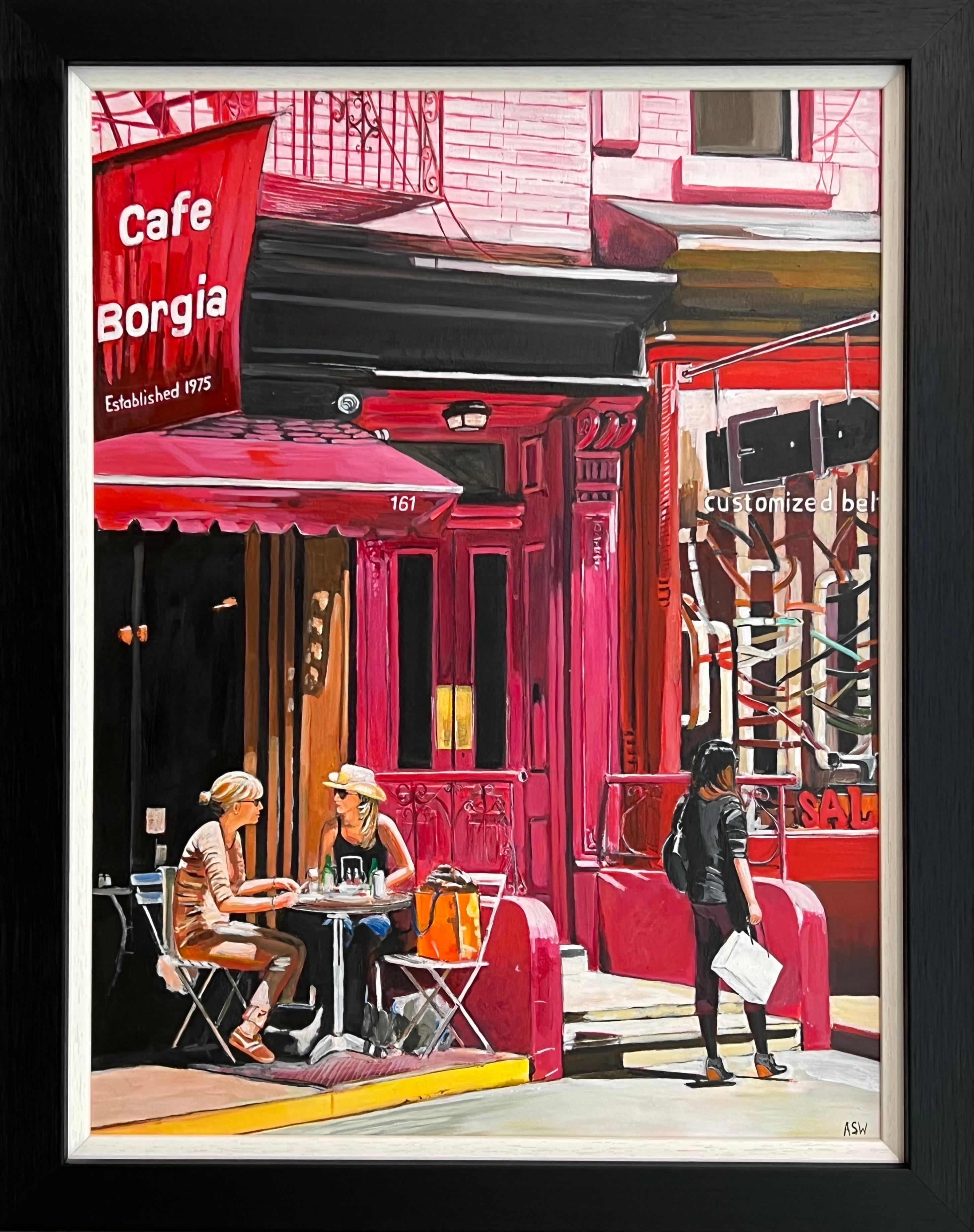Angela Wakefield Figurative Painting – Cafe Borgia in New York City mit weiblichen Figuren der zeitgenössischen britischen Künstlerin