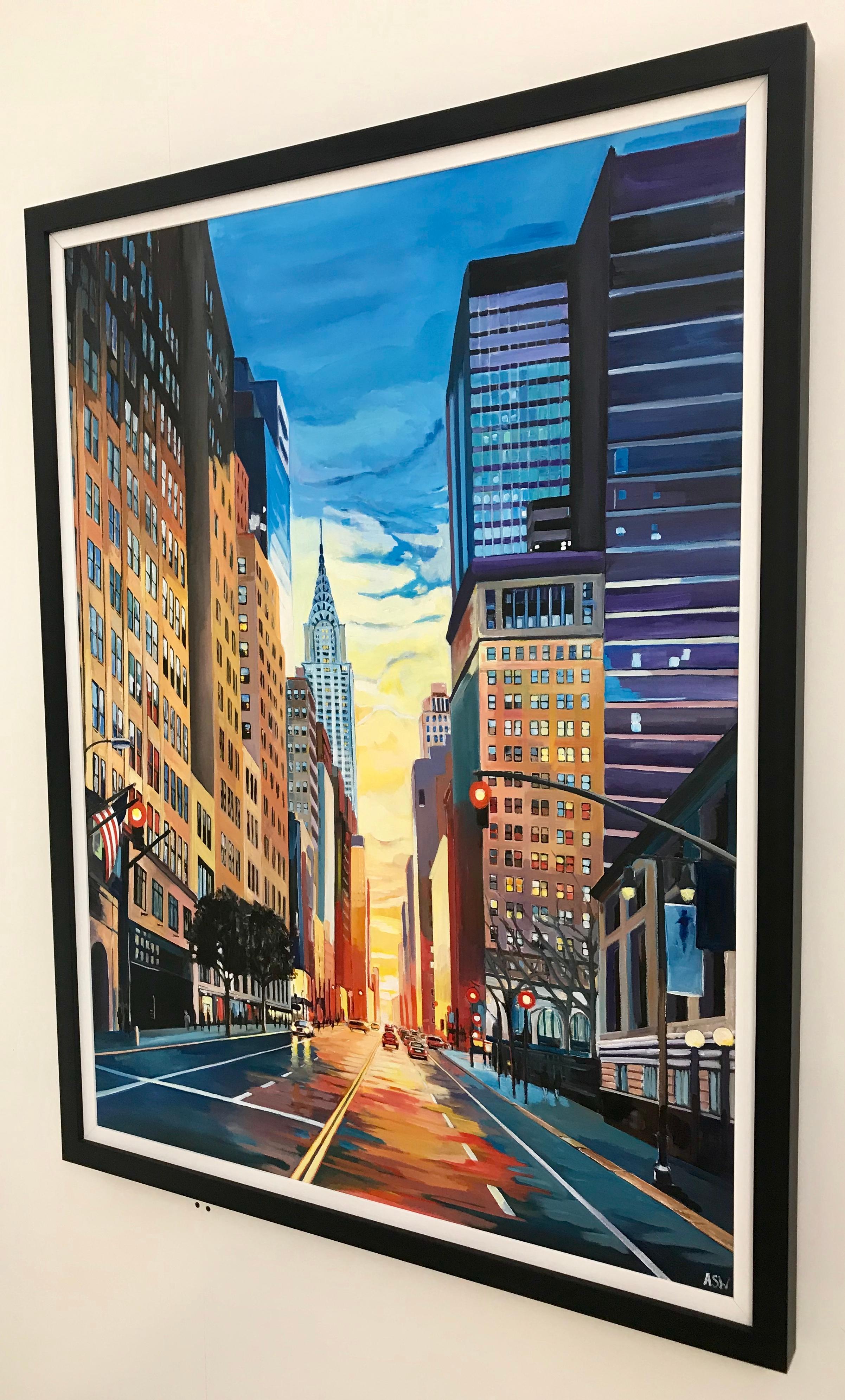 Original Painting of New York City Chrysler Building Sunset by British Artist - Black Landscape Painting by Angela Wakefield