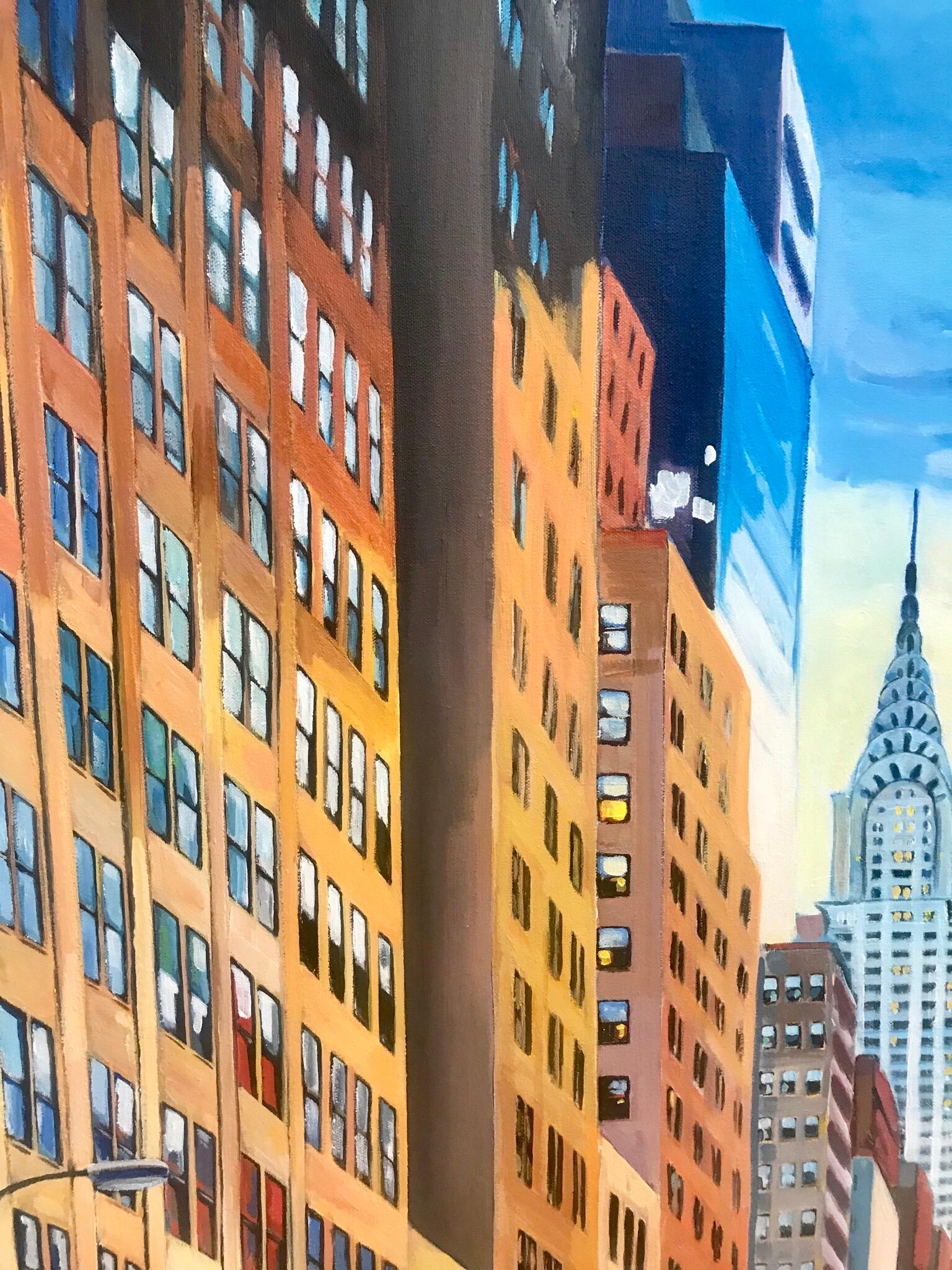 This painting captures the Chrysler Building on 42nd Street NYC against the backdrop of a beautiful sunset from street level.

Art measures 36 x 48 inches
Frame measures 41 x 55 inches

The artist, Angela Wakefield, is a leading British Urban