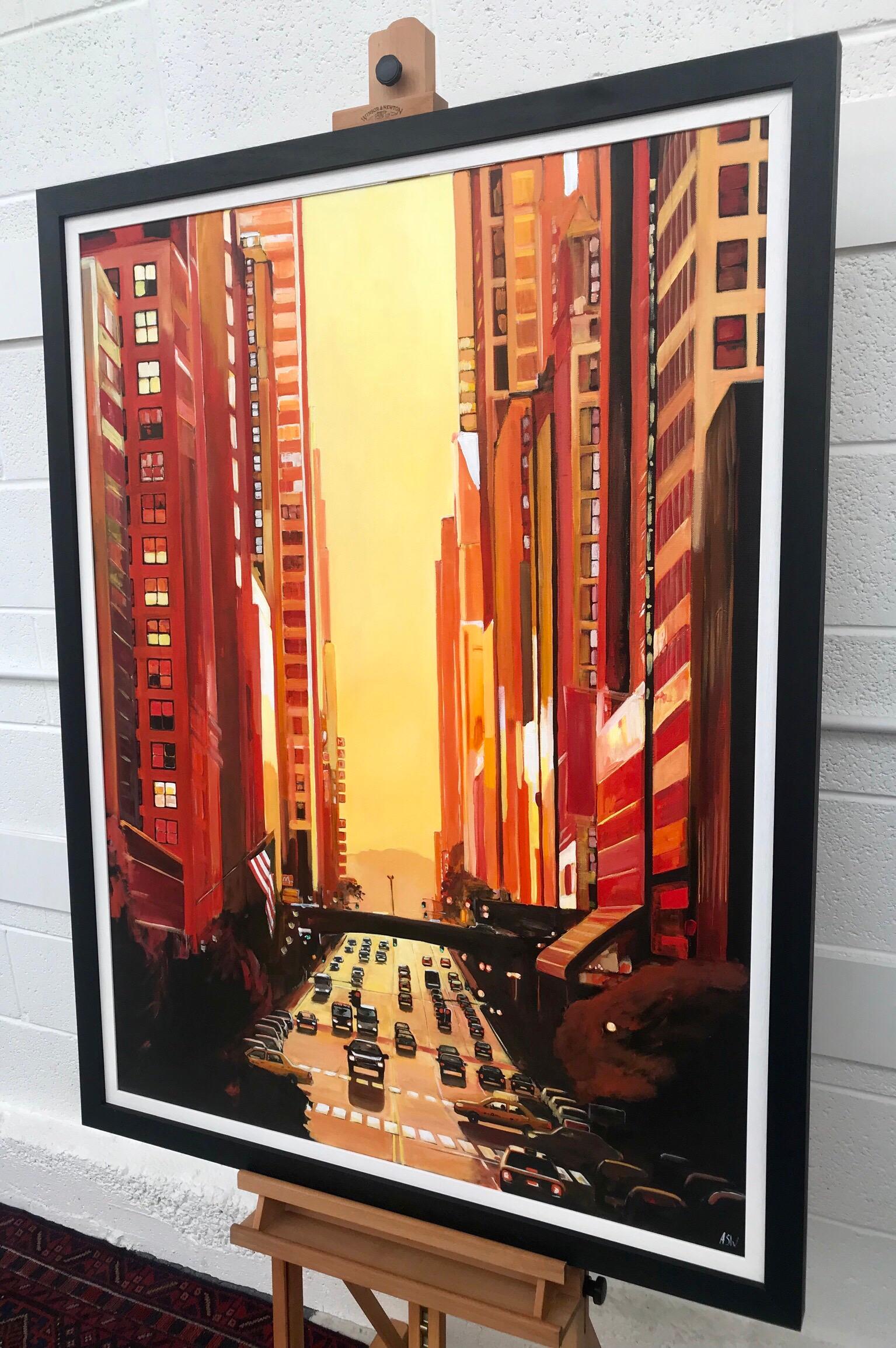 New York Sunshine Golden Glow Cityscape Painting by British Urban Landscape Artist Angela Wakefield. This original is part of the New York Series, a body of work featured in exhibitions across England, and featured in Art of England magazine as part