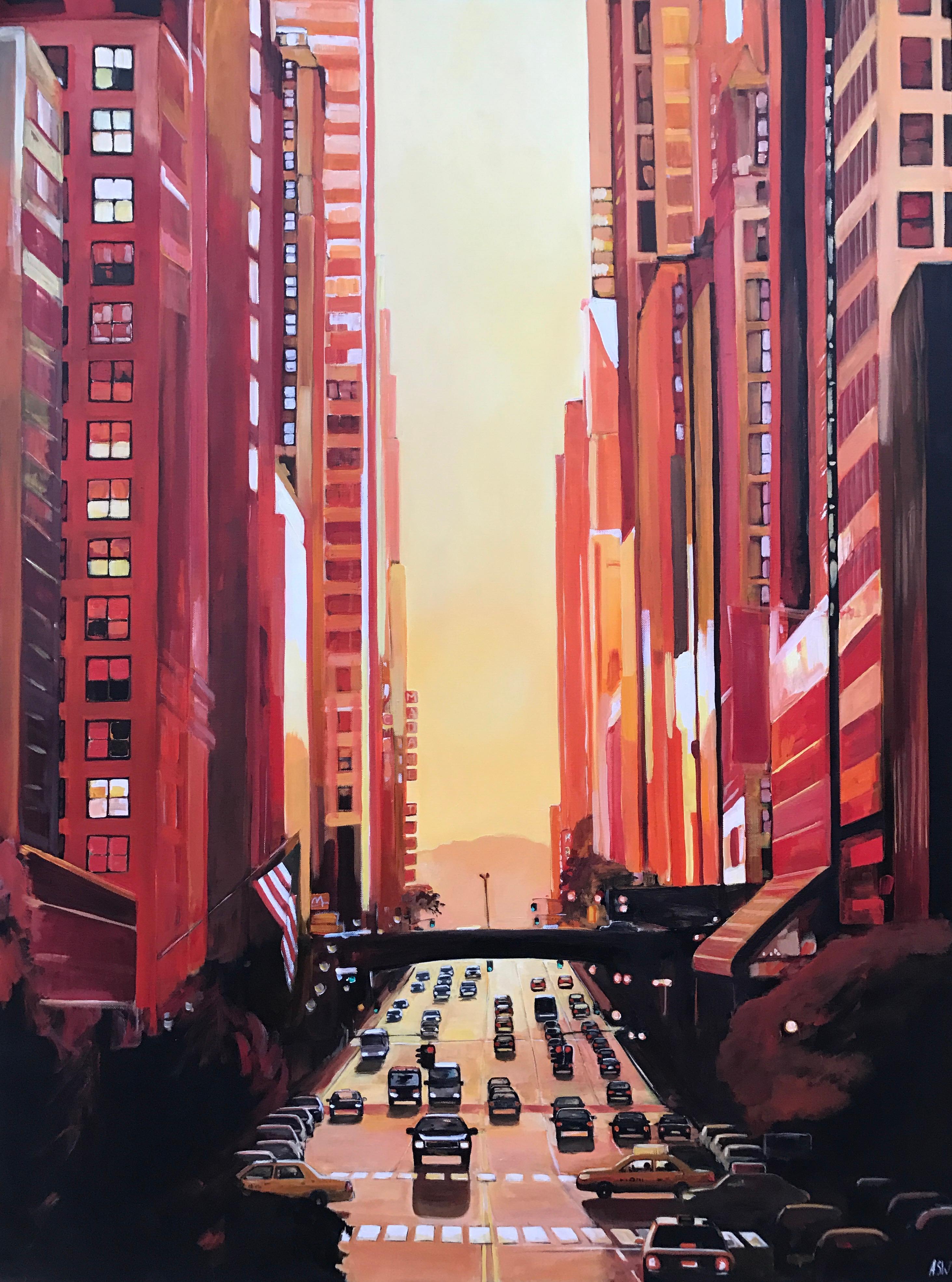 Angela Wakefield Figurative Painting - New York City NYC Street Sunshine Landscape Painting by British Cityscape Artist