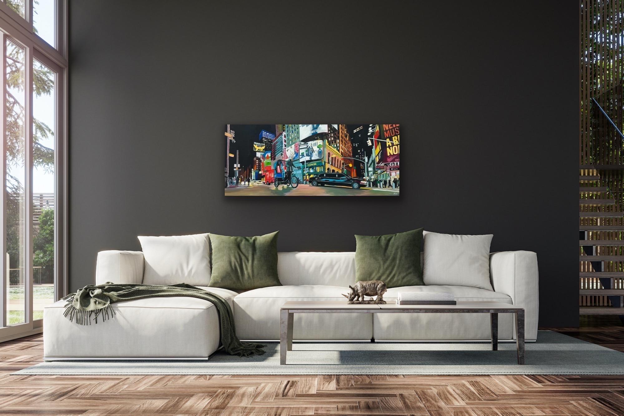 New York City Panoramic Street Scene with Limousine and Neon Lights in the Rain For Sale 5