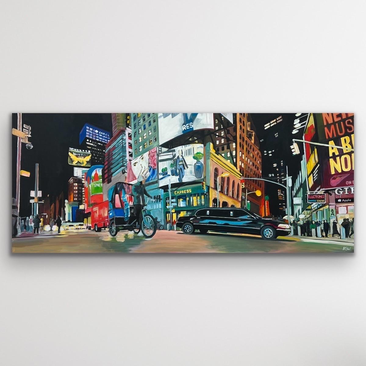 New York City Panoramic Street Scene with Limousine and Neon Lights in the Rain (Scène de rue panoramique avec limousine et néons sous la pluie) - Painting de Angela Wakefield