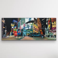 New York City Panoramic Street Scene with Limousine and Neon Lights in the Rain