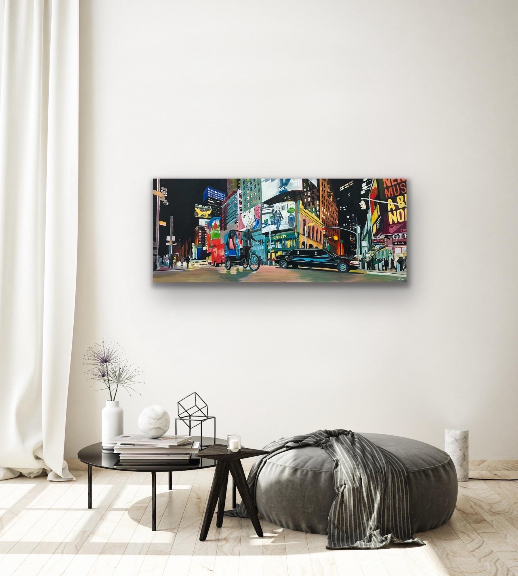 New York City Panoramic Street Scene with Limousine and Neon Lights in the Rain For Sale 1