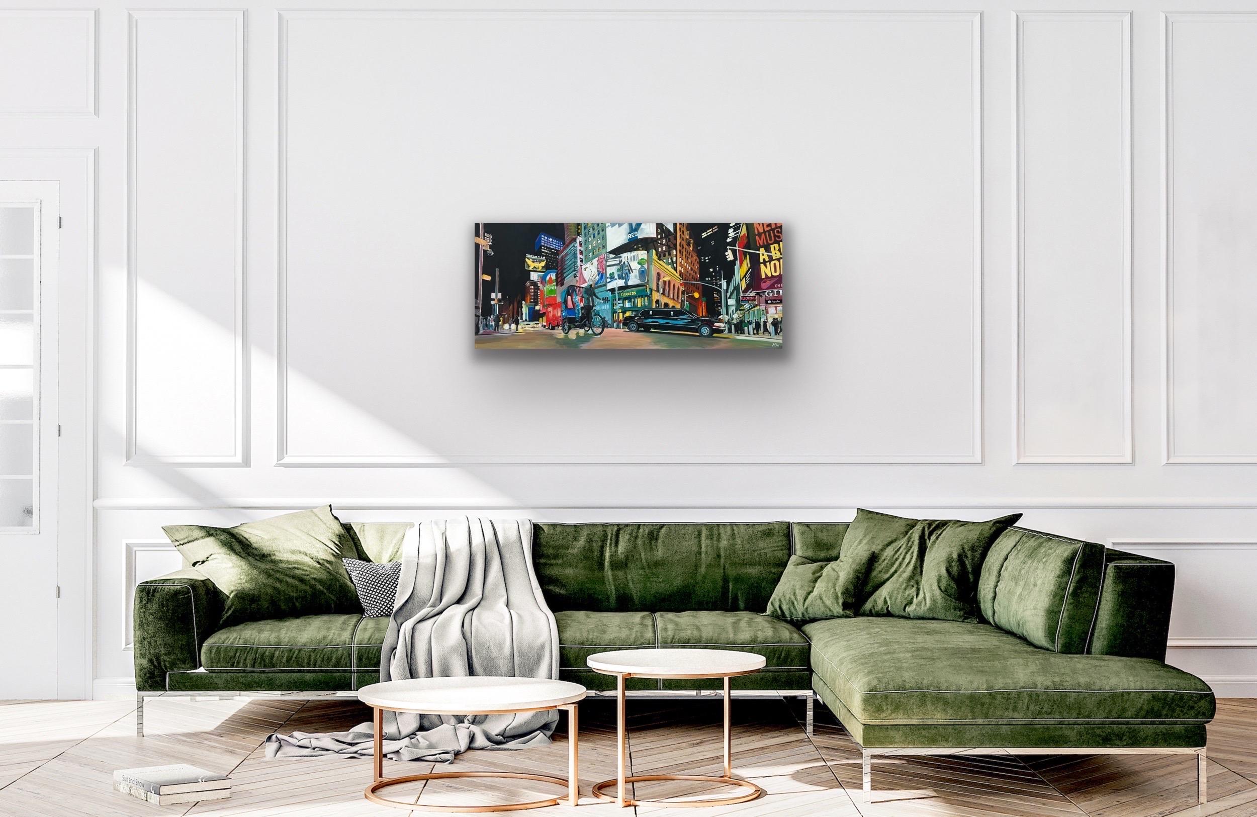 New York City Panoramic Street Scene with Limousine and Neon Lights in the Rain For Sale 3