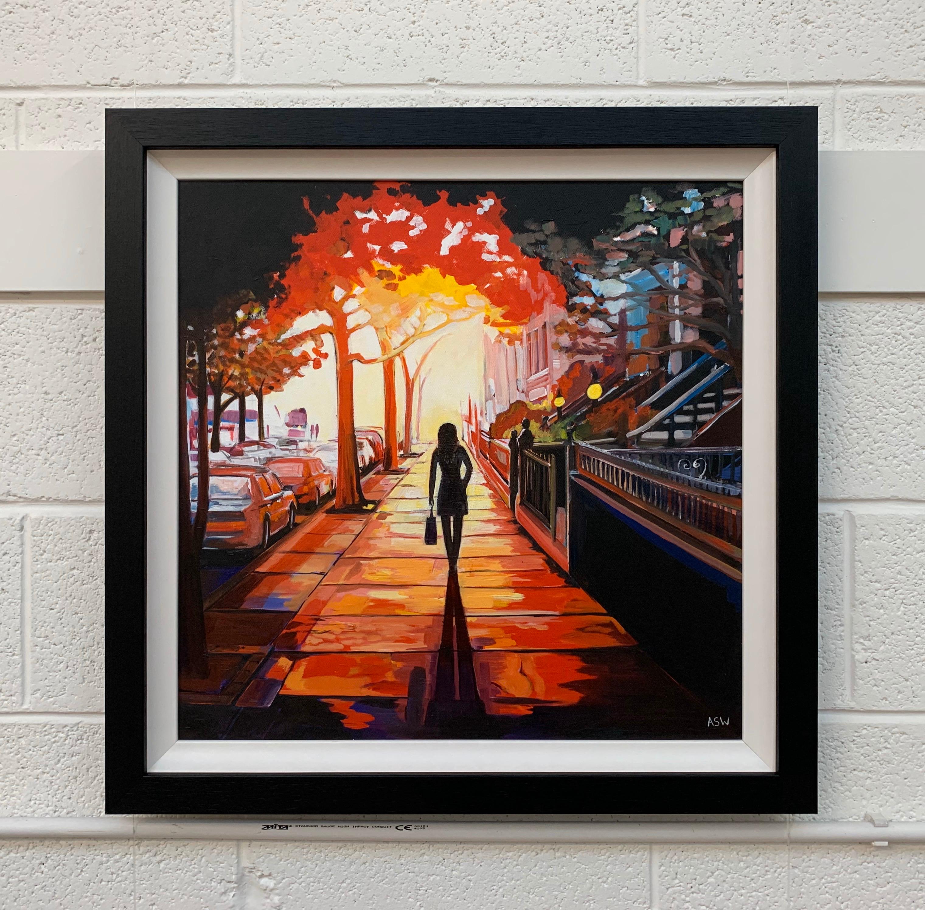 Peinture figurative de paysage urbain britannique Sunshine de l'artiste new-yorkais - Noir Landscape Painting par Angela Wakefield