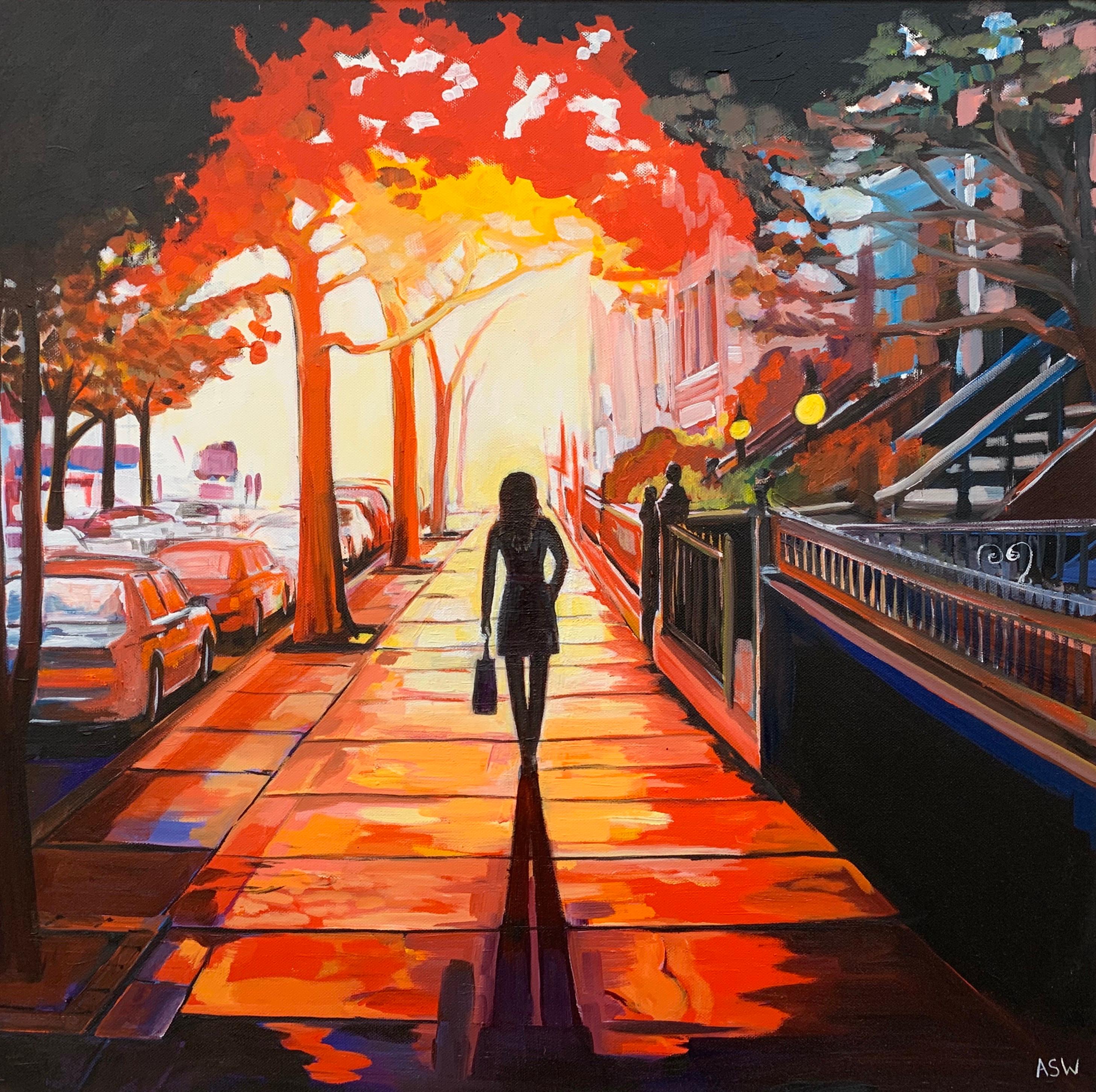 Peinture figurative de paysage urbain britannique Sunshine de l'artiste new-yorkais en vente 4