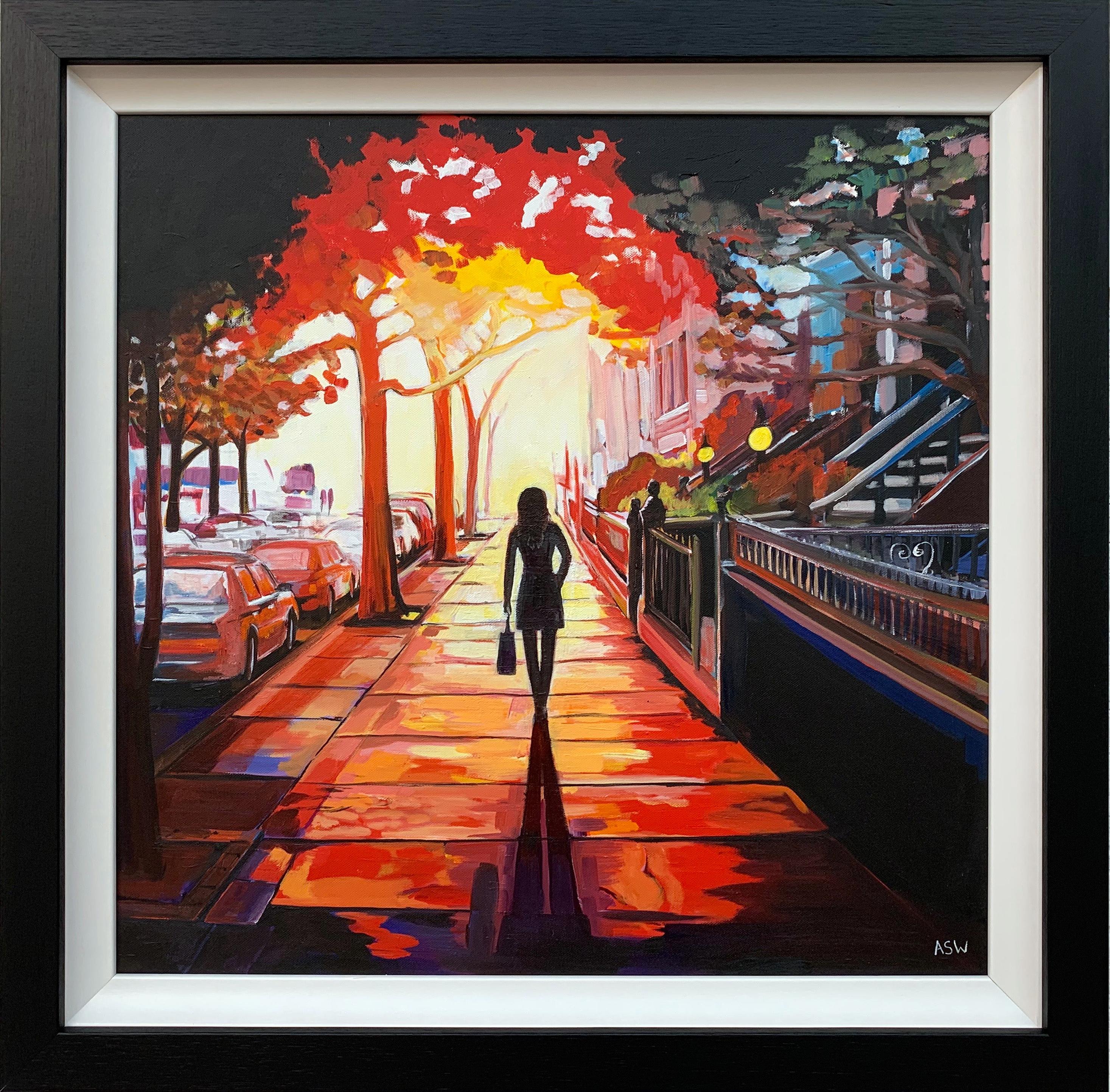 Peinture figurative de paysage urbain britannique Sunshine de l'artiste new-yorkais