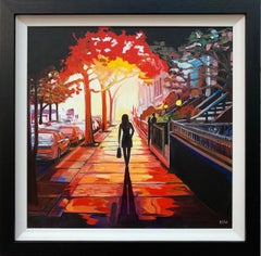 Peinture figurative de paysage urbain britannique Sunshine de l'artiste new-yorkais