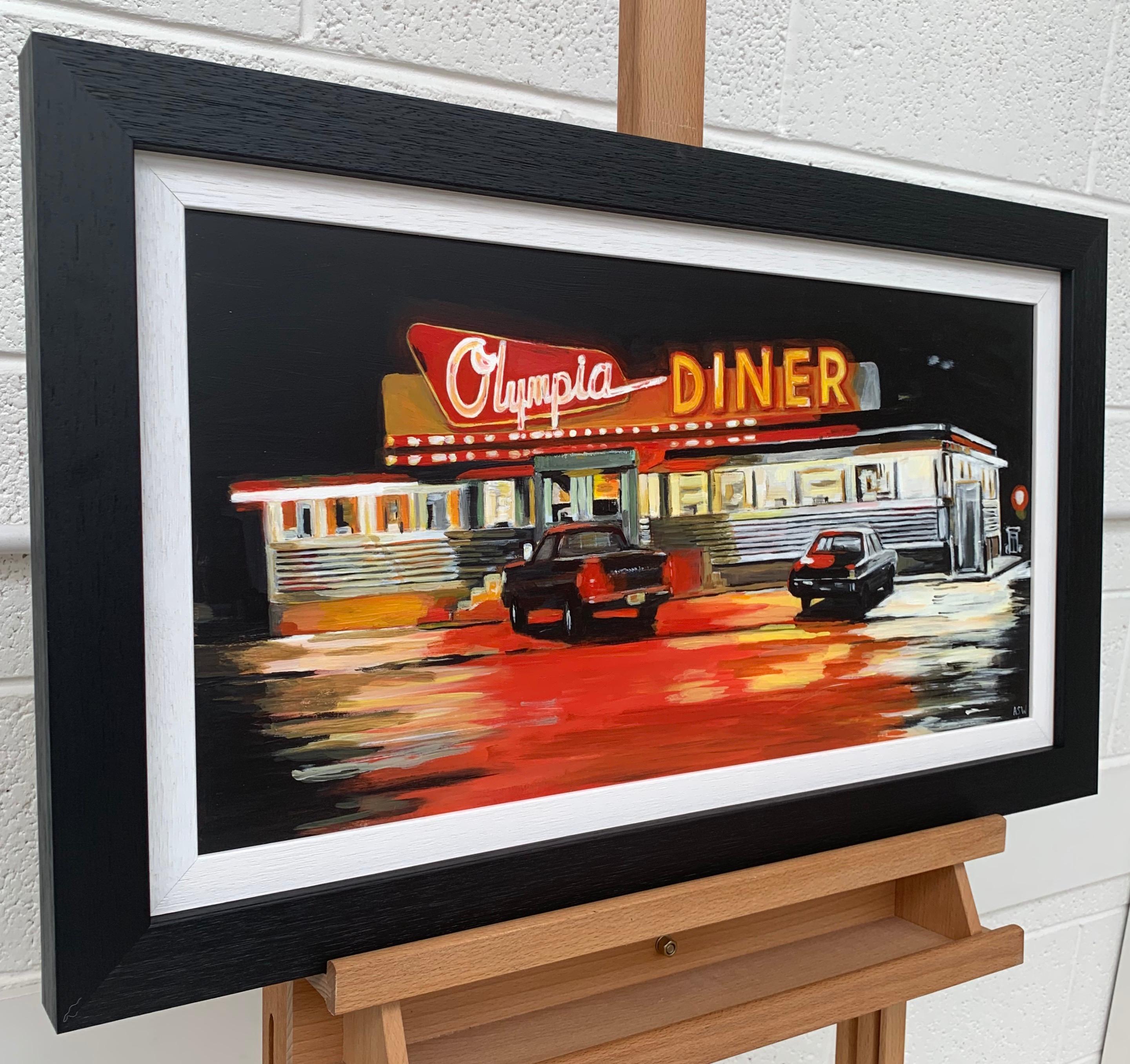 American Diner Connecticut USA bei Nacht Gemälde von britischen Contemporary Artist (Realismus), Painting, von Angela Wakefield