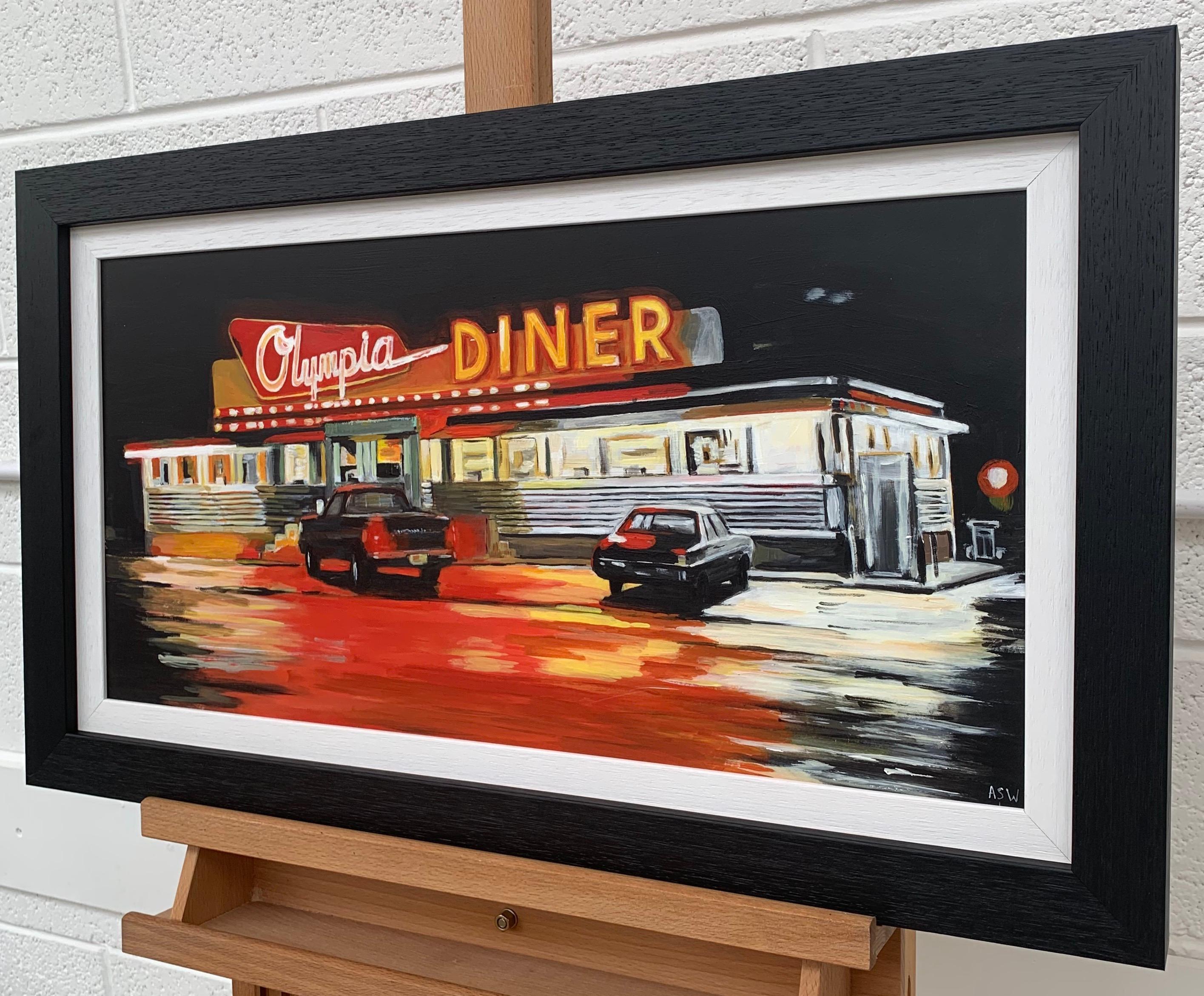 American Diner Connecticut USA at Night Painting by British Contemporary Artist - Brown Figurative Painting by Angela Wakefield