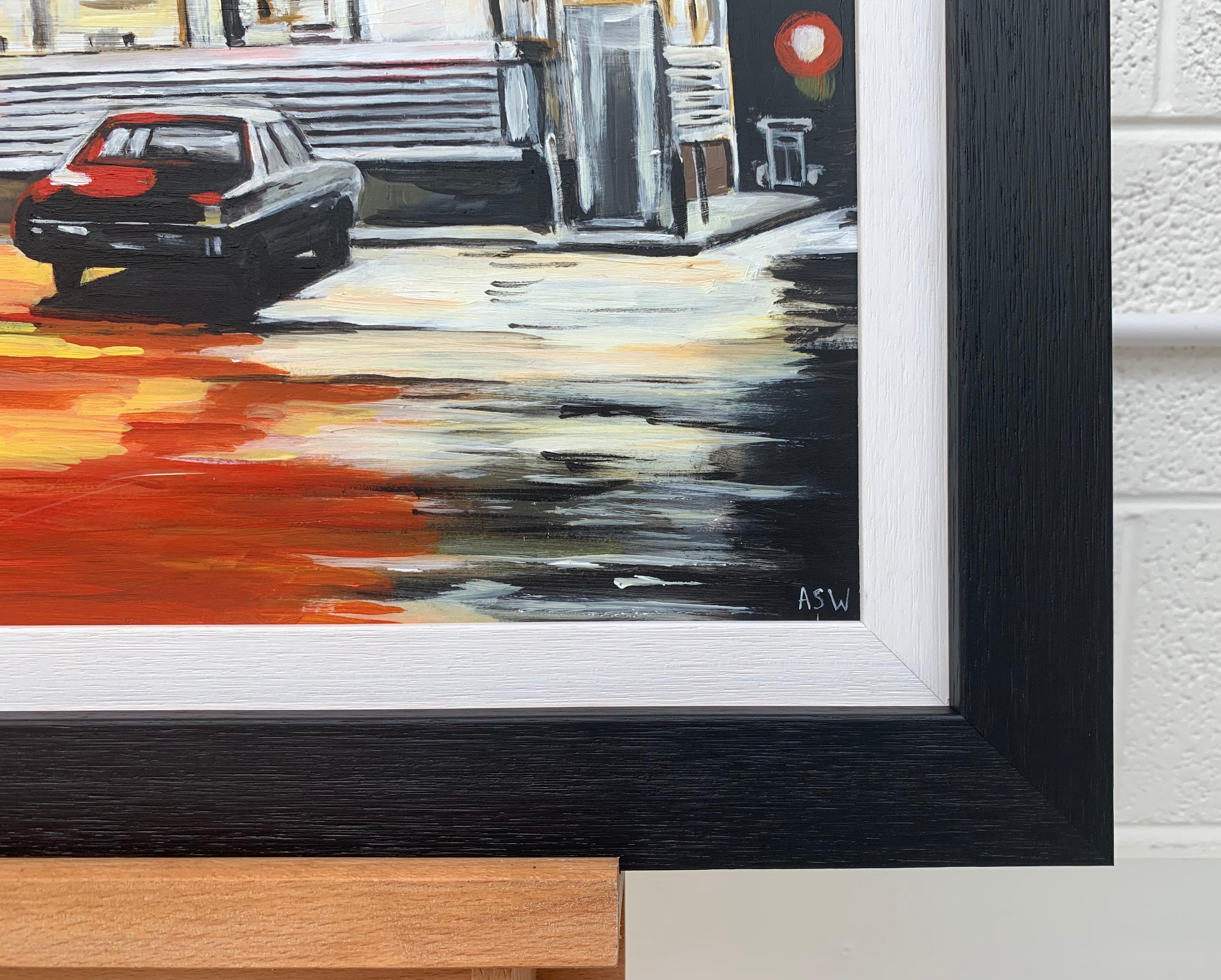 American Diner Connecticut USA bei Nacht Gemälde von britischen Contemporary Artist im Angebot 1