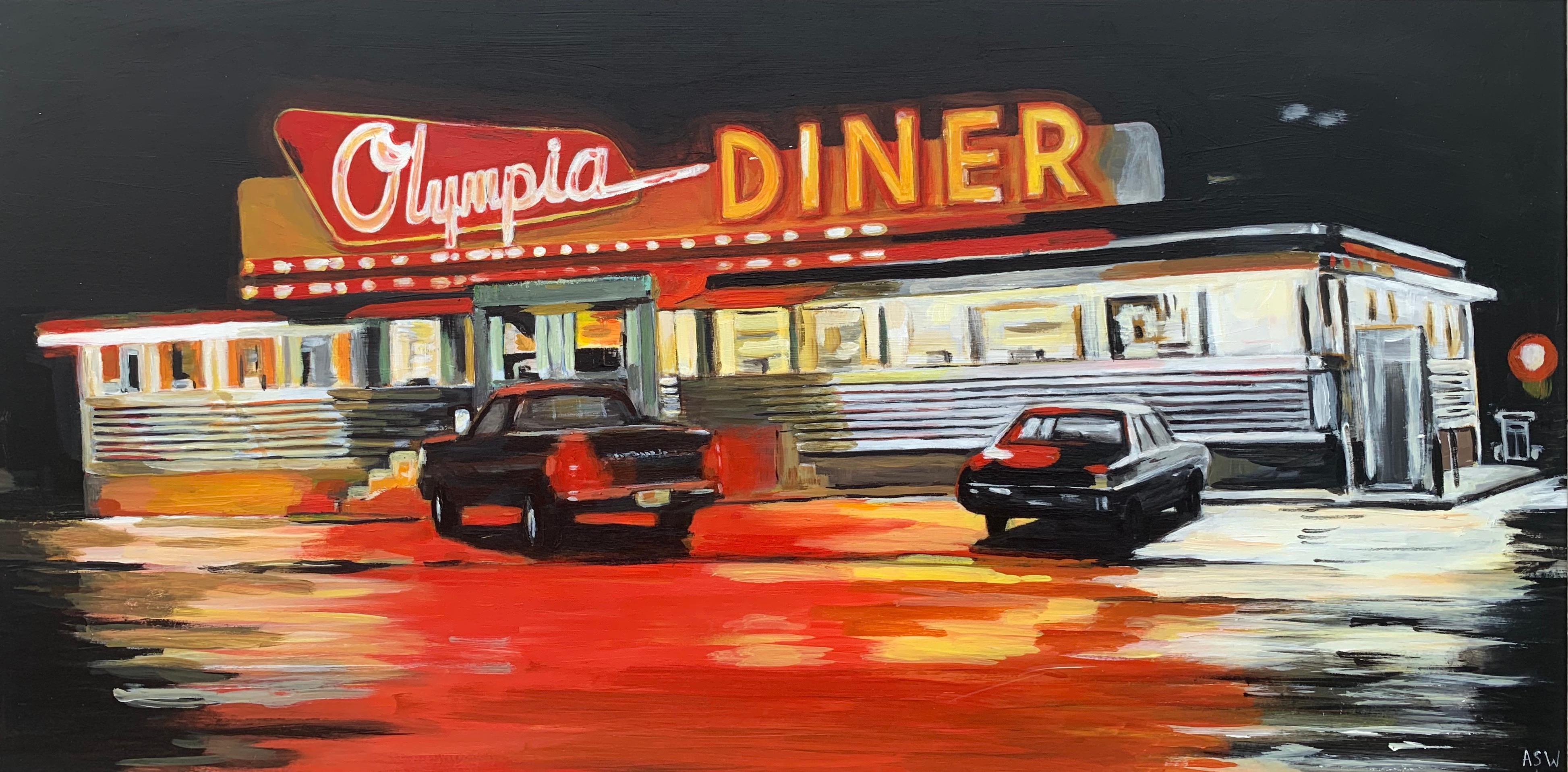 American Diner Connecticut USA bei Nacht Gemälde von britischen Contemporary Artist – Painting von Angela Wakefield