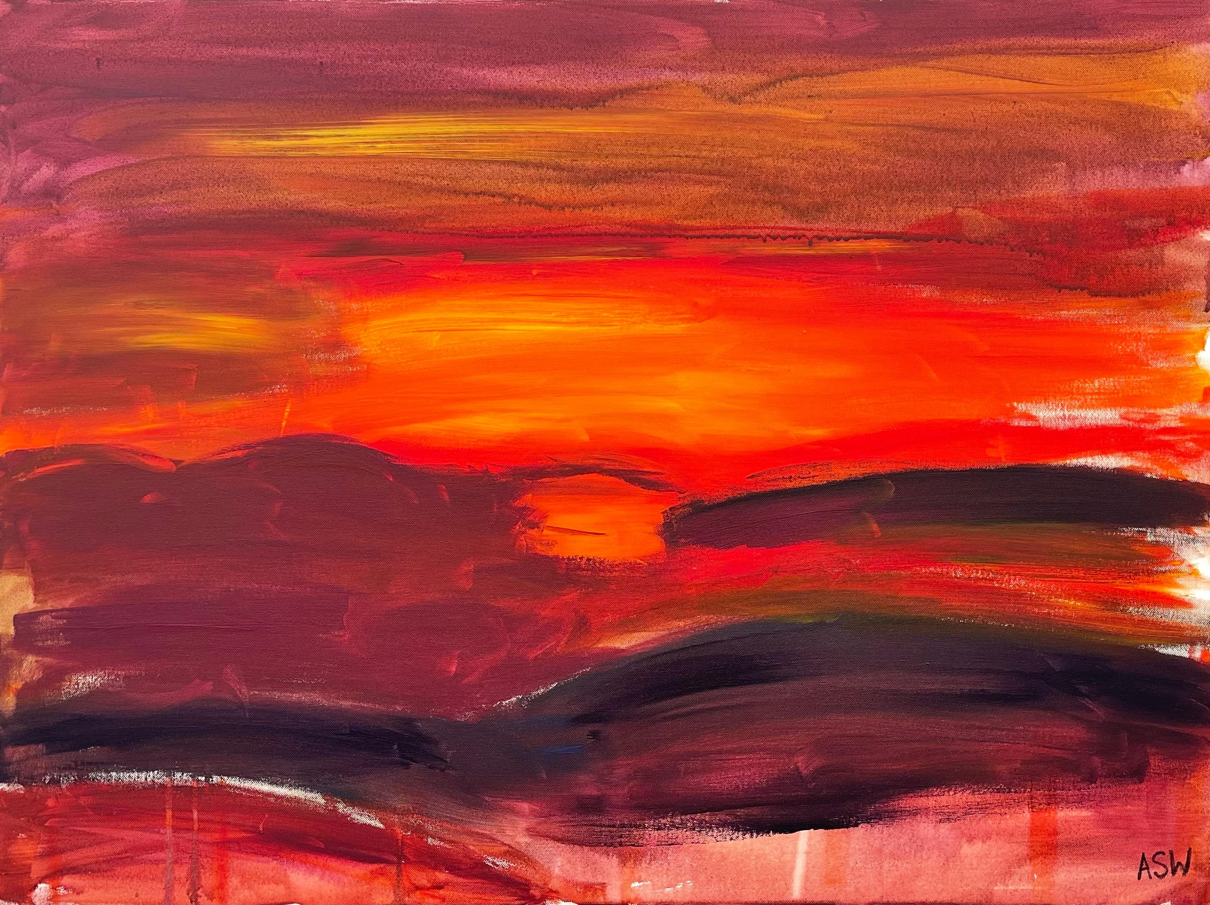 Abstraktes Sonnenuntergang/Sonnenaufgang-Gemälde des führenden britischen Stadtkünstlers (Rot), Landscape Painting, von Angela Wakefield