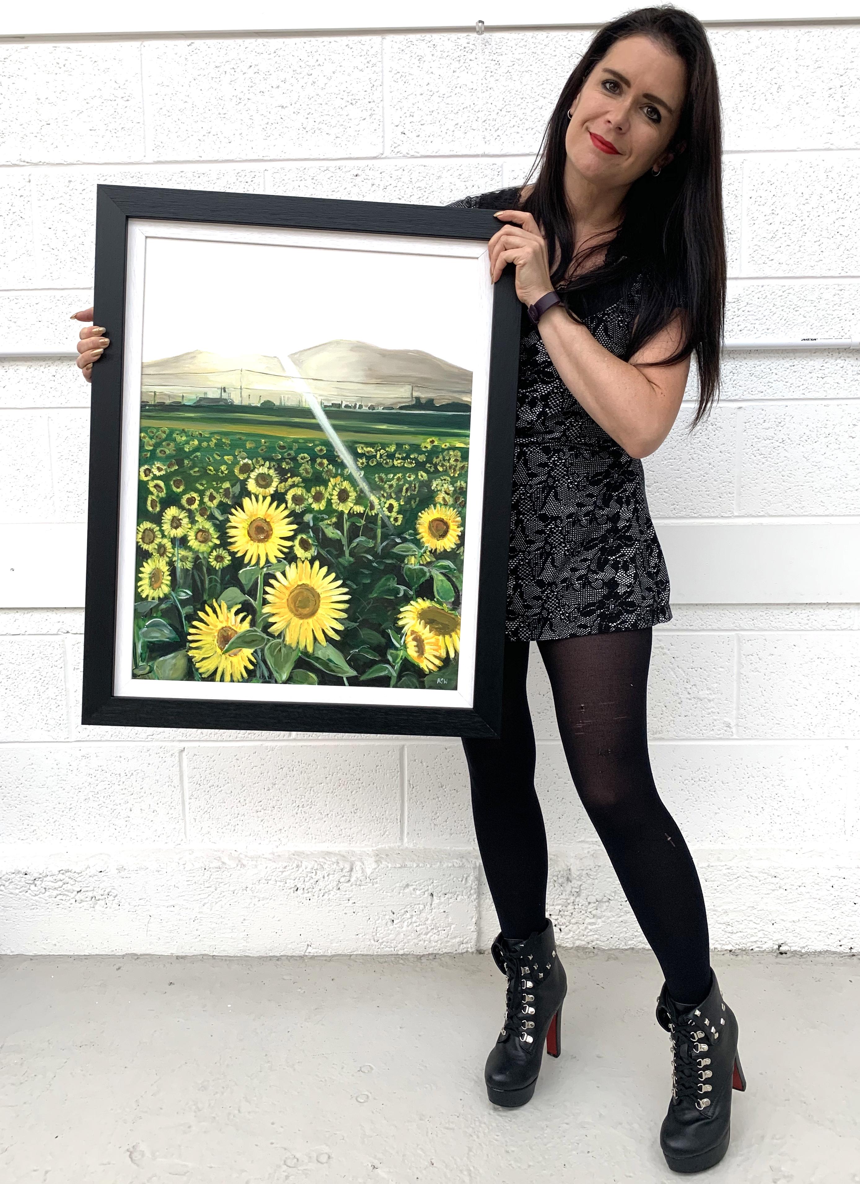 Originales Originalgemälde eines Sonnenblumenfeldes in Sonnenschein Frankreich von britischem Künstler – Painting von Angela Wakefield