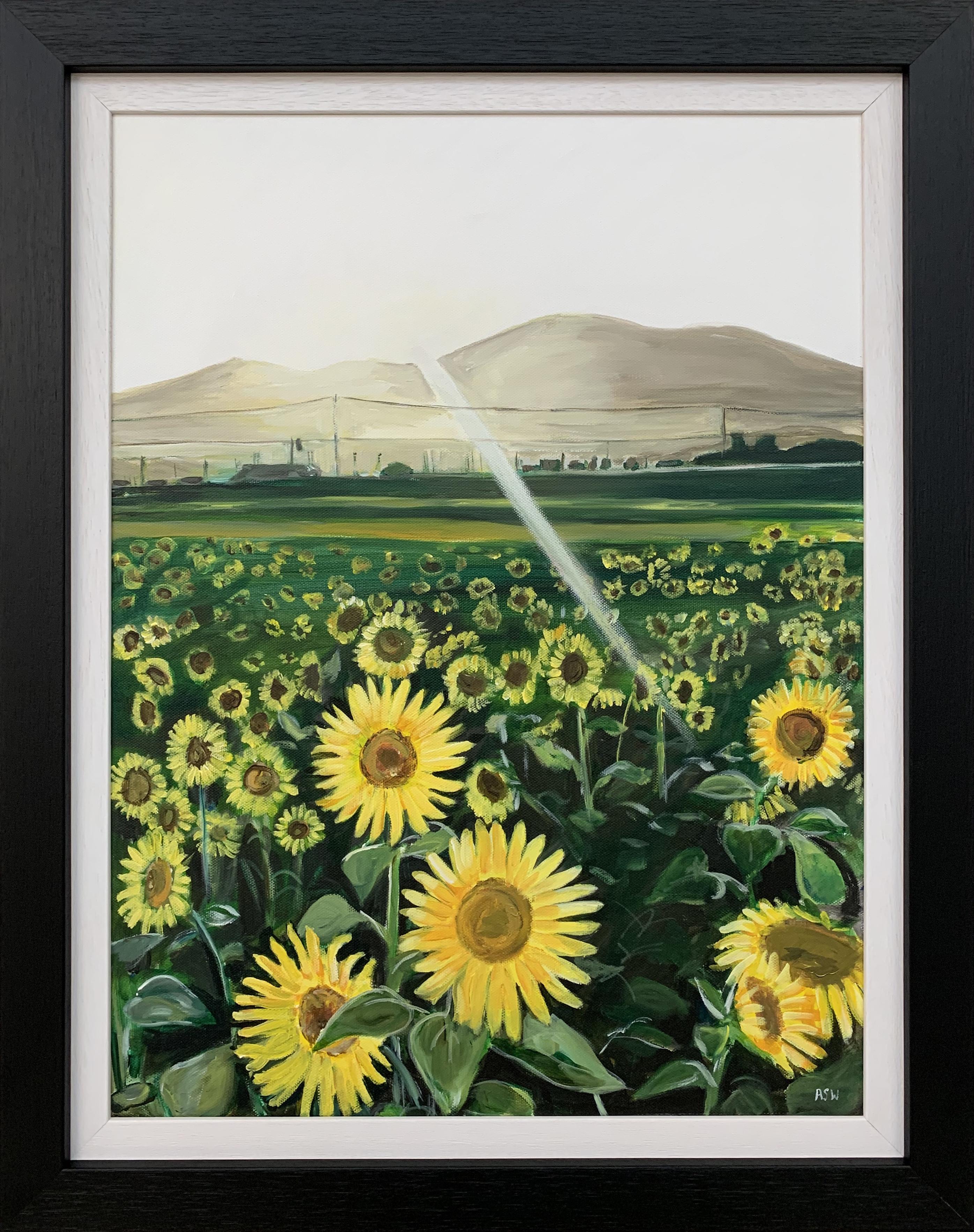 Angela Wakefield Figurative Painting – Originales Originalgemälde eines Sonnenblumenfeldes in Sonnenschein Frankreich von britischem Künstler