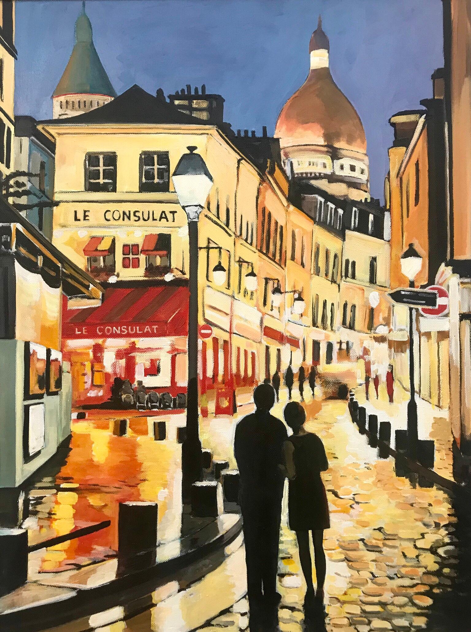 Angela Wakefield Figurative Painting - Original Painting of Two Lovers Le Consulat Café Paris France by British Artist