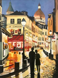 Original Painting of Two Lovers Le Consulat Café Paris France by British Artist