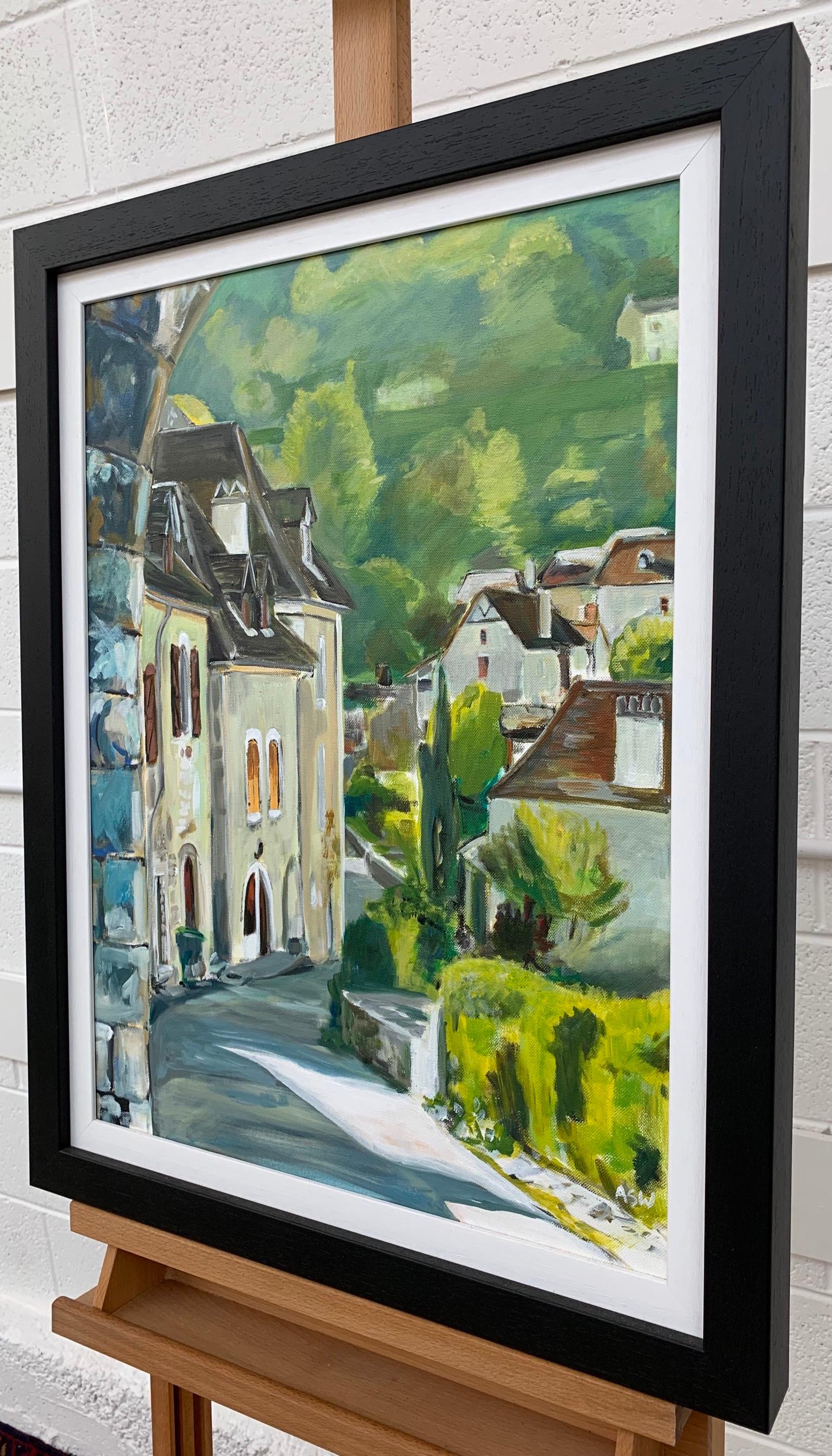 Painting of Medieval French Village Saint Cirq Lapopie by Modern British Artist - Gray Figurative Painting by Angela Wakefield