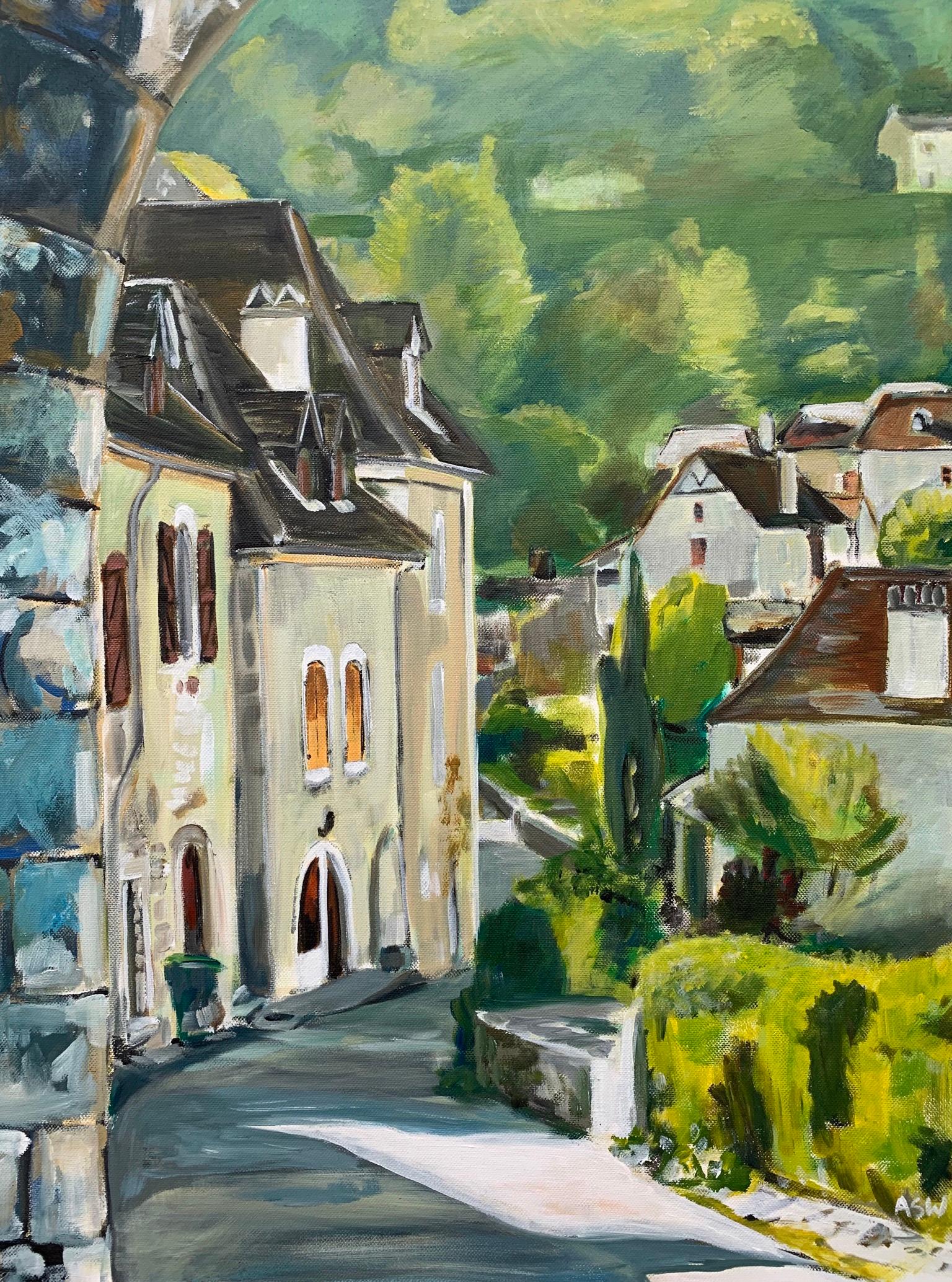 Gemälde des mittelalterlichen französischen Dorfes Saint Cirq Lapopie des modernen britischen Künstlers – Painting von Angela Wakefield