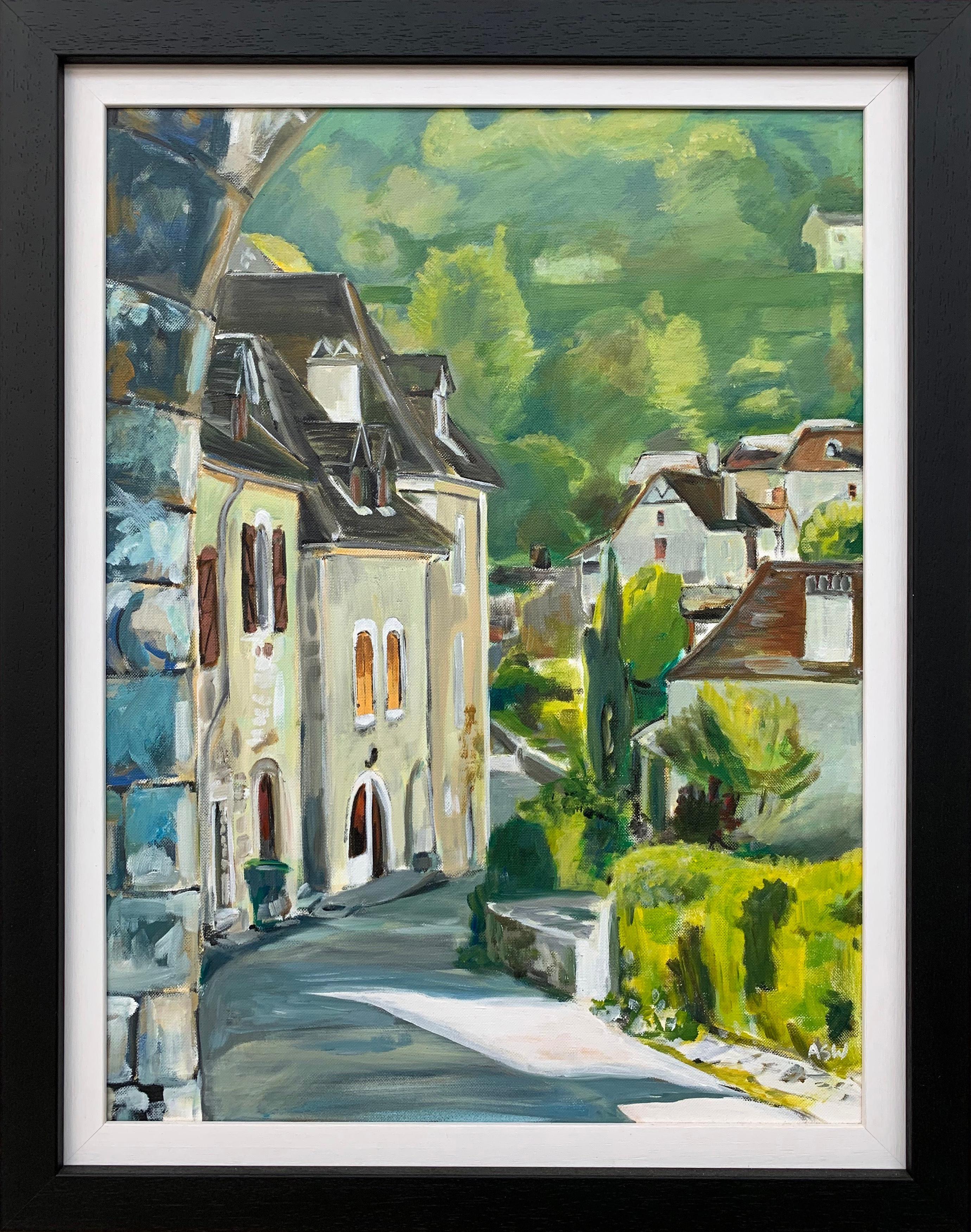 Peinture du village médiéval français de Saint Cirq Lapopie d'un artiste britannique moderne