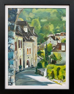 Peinture du village médiéval français de Saint Cirq Lapopie d'un artiste britannique moderne