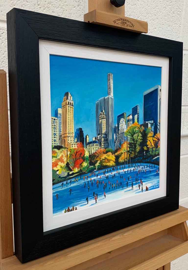 Painting of Skaters in Central Park New York City Autumn Fall by British Artist For Sale 1