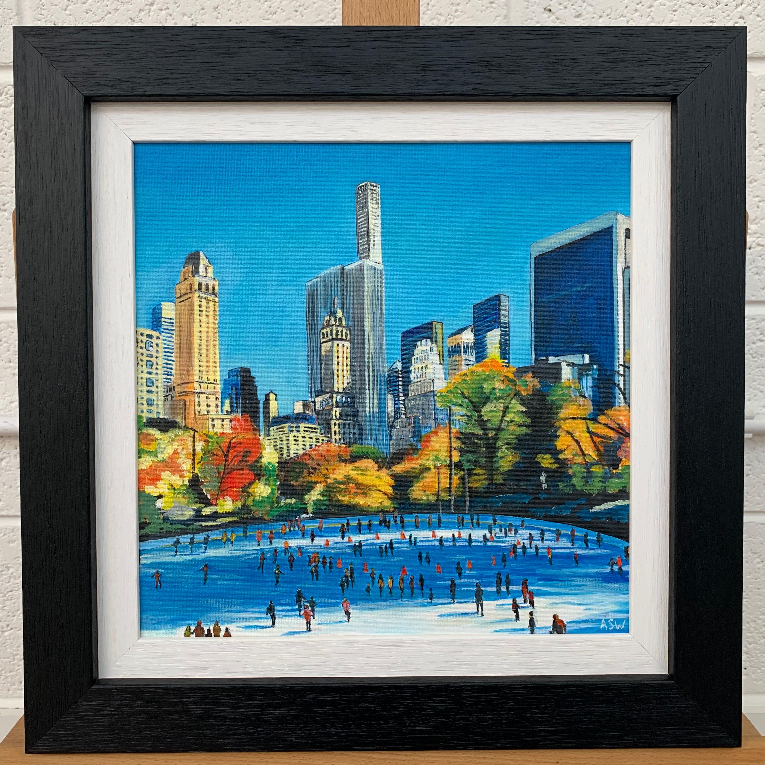 Painting of Skaters in Central Park New York City Autumn Fall by British Artist - Blue Figurative Painting by Angela Wakefield