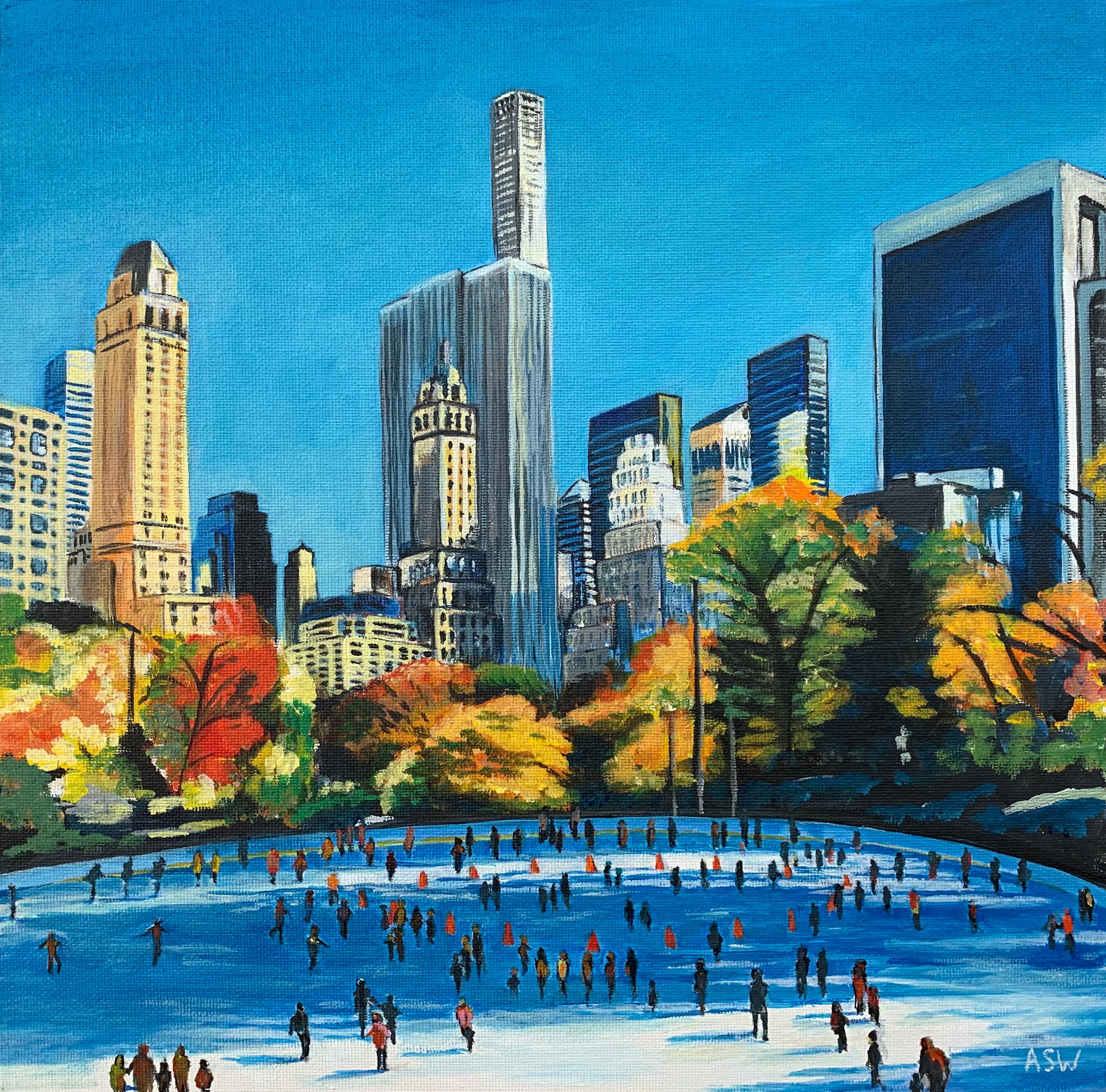 Painting of Skaters in Central Park New York City Autumn Fall by British Artist 1