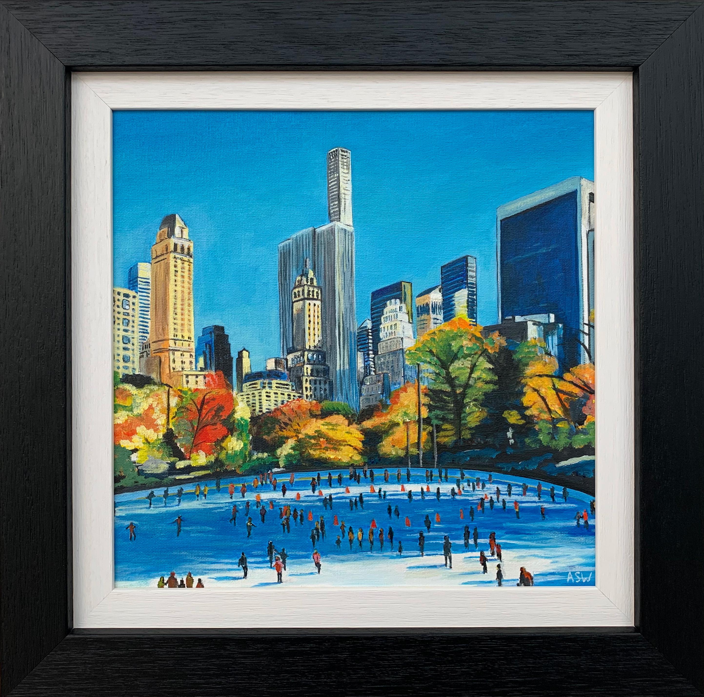 Painting of Skaters in Central Park New York City Autumn Fall by British Artist