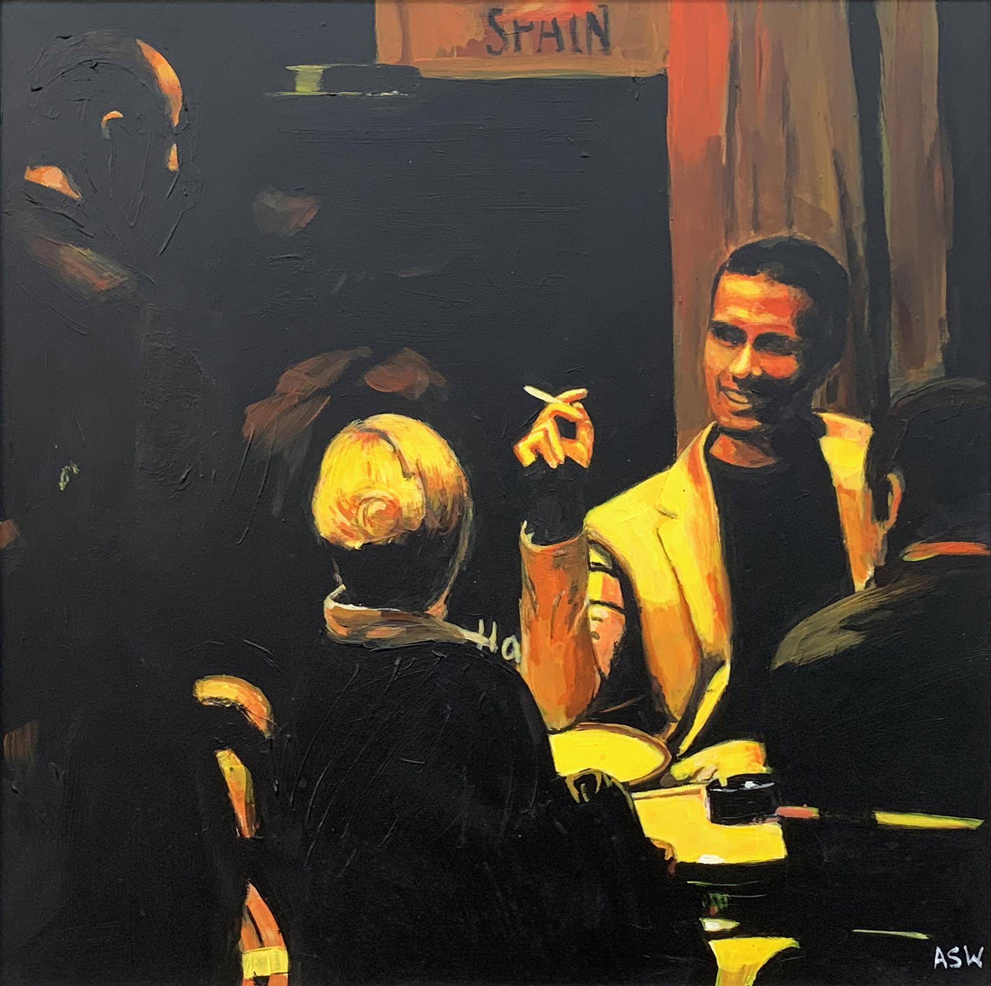 Original Painting of Spanish Tapas Bar Interior Scene at Night by British Artist - Black Figurative Painting by Angela Wakefield