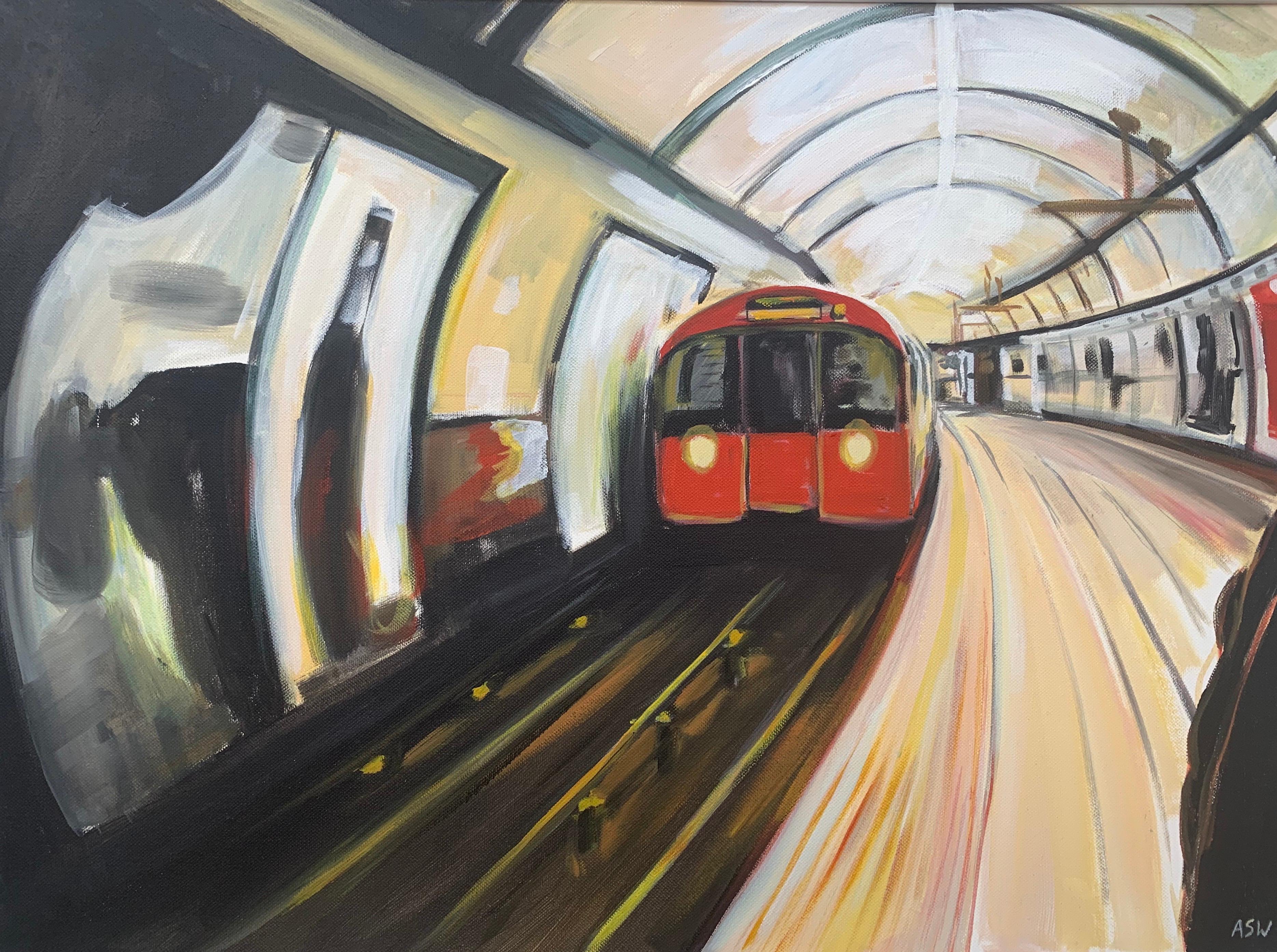 Original Painting of the London Underground by Contemporary Urban Artist - Black Interior Painting by Angela Wakefield