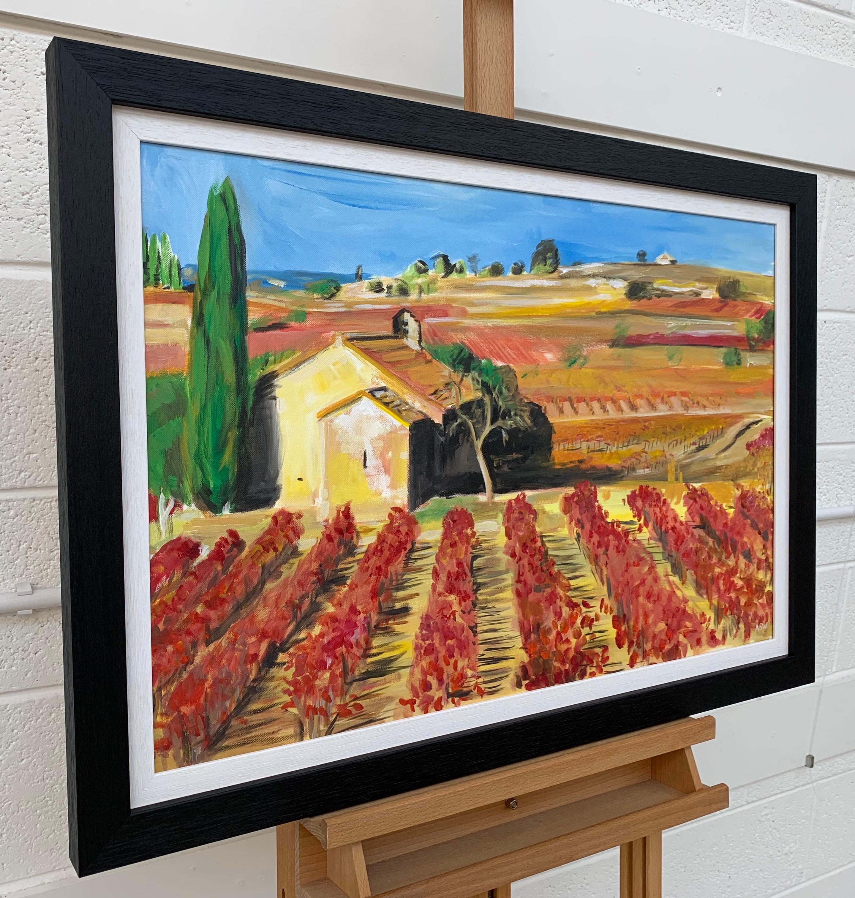 Gemälde eines Weinbergs im Weinbaugebiet Bordeaux in Frankreich von einem modernen britischen Künstler (Impressionismus), Painting, von Angela Wakefield