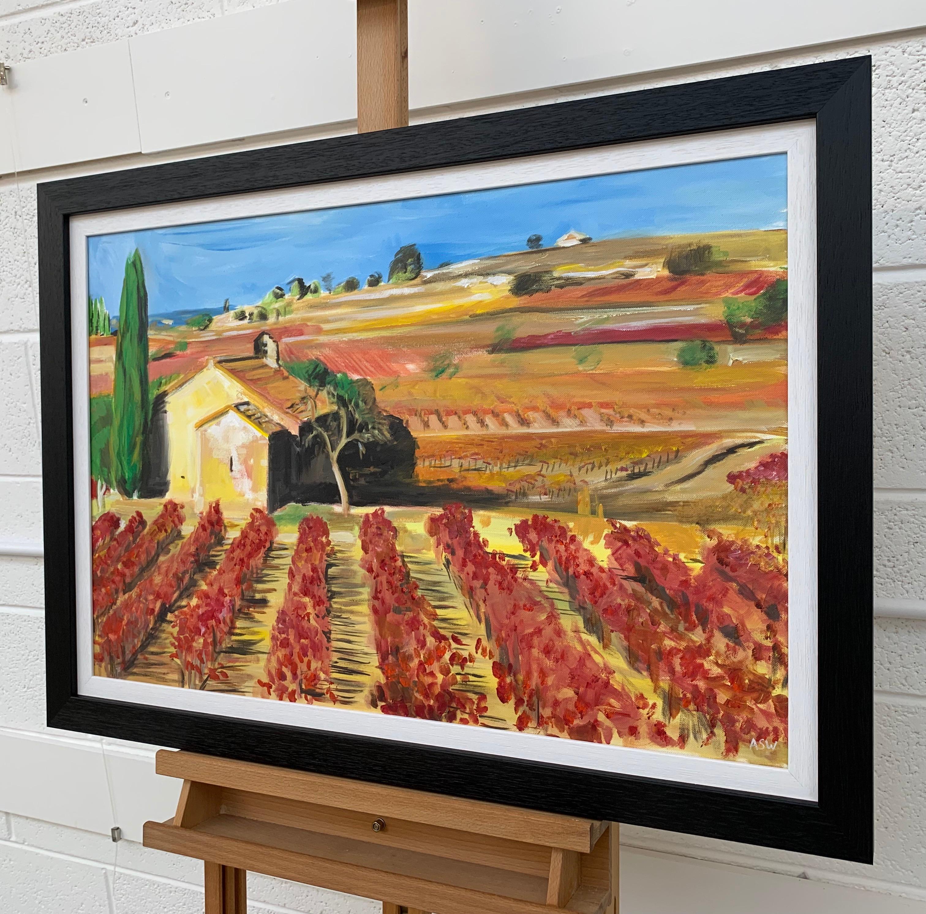 Originalgemälde eines Weinbergs in der Weinbauregion Bordeaux, Frankreich, von der führenden britischen Künstlerin für zeitgenössische Landschaftsmalerei, Angela Wakefield. Im Jahr 2012 begann Angela mit ihrer europäischen Serie, die sich zunächst