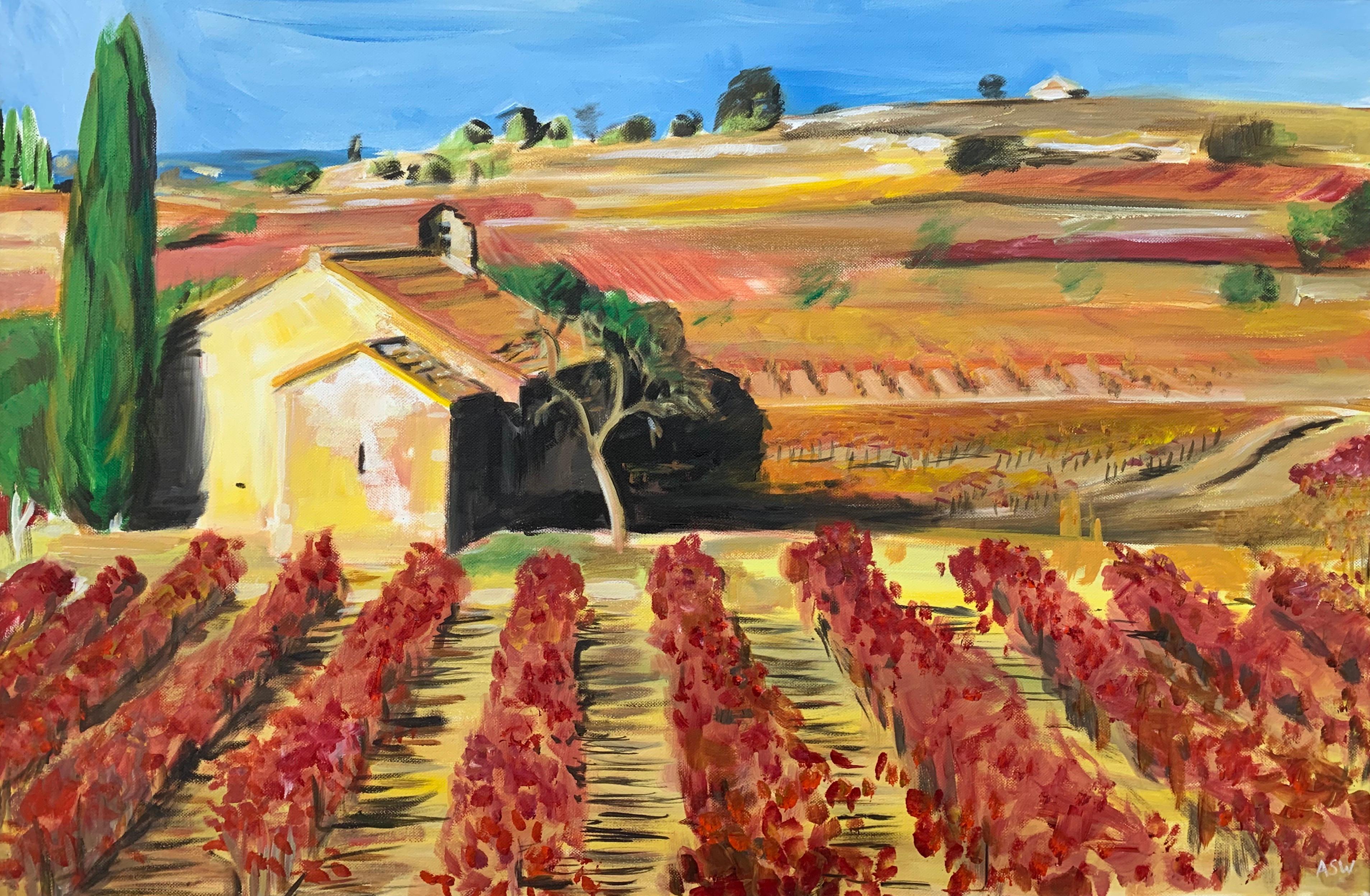 Peinture d'un vignoble dans la région de Bordeaux en France par un artiste Modern British - Marron Abstract Painting par Angela Wakefield