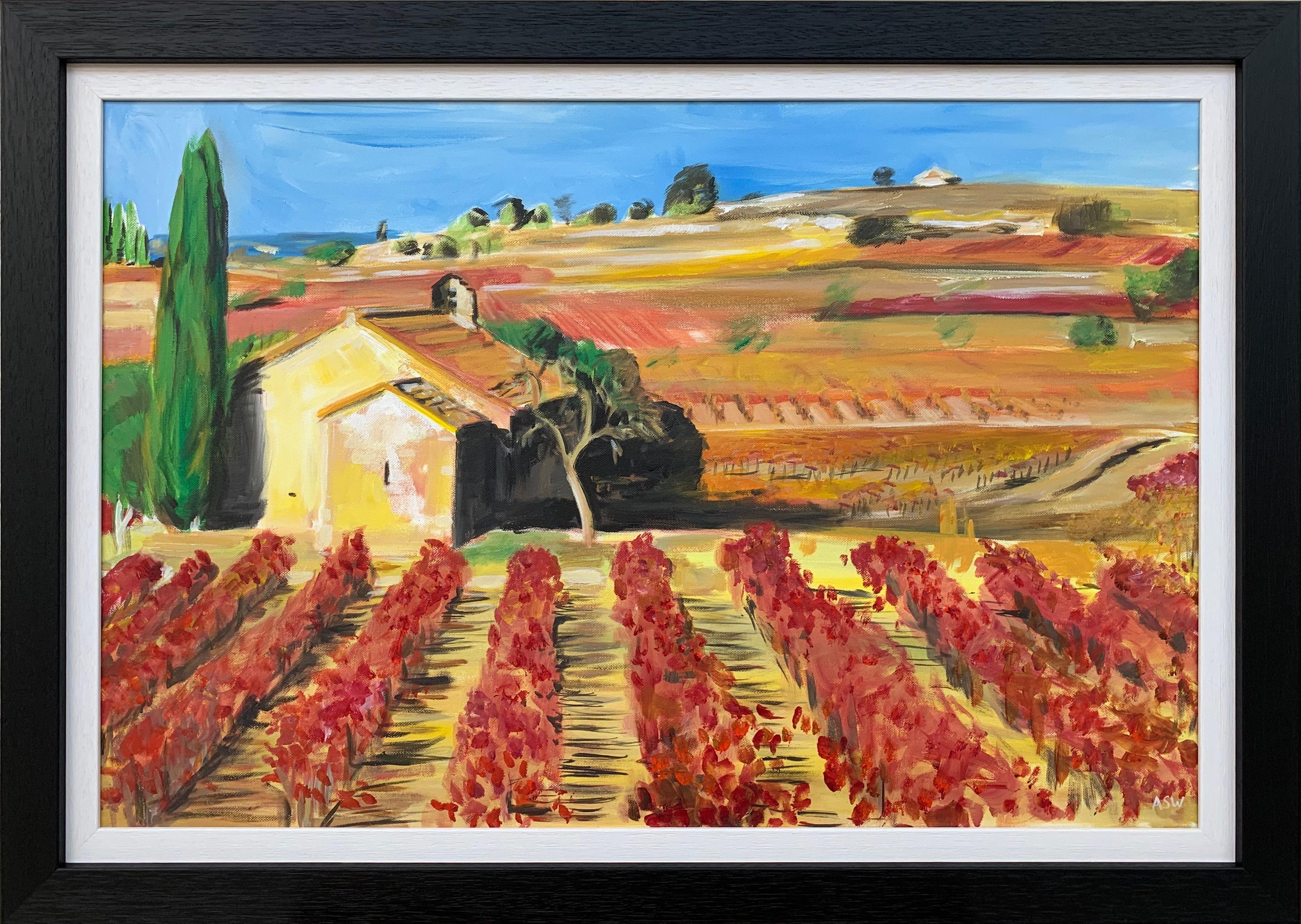 Pittura di un vigneto nella coltivazione del vino a Bordeaux in Francia dell'artista Modern British